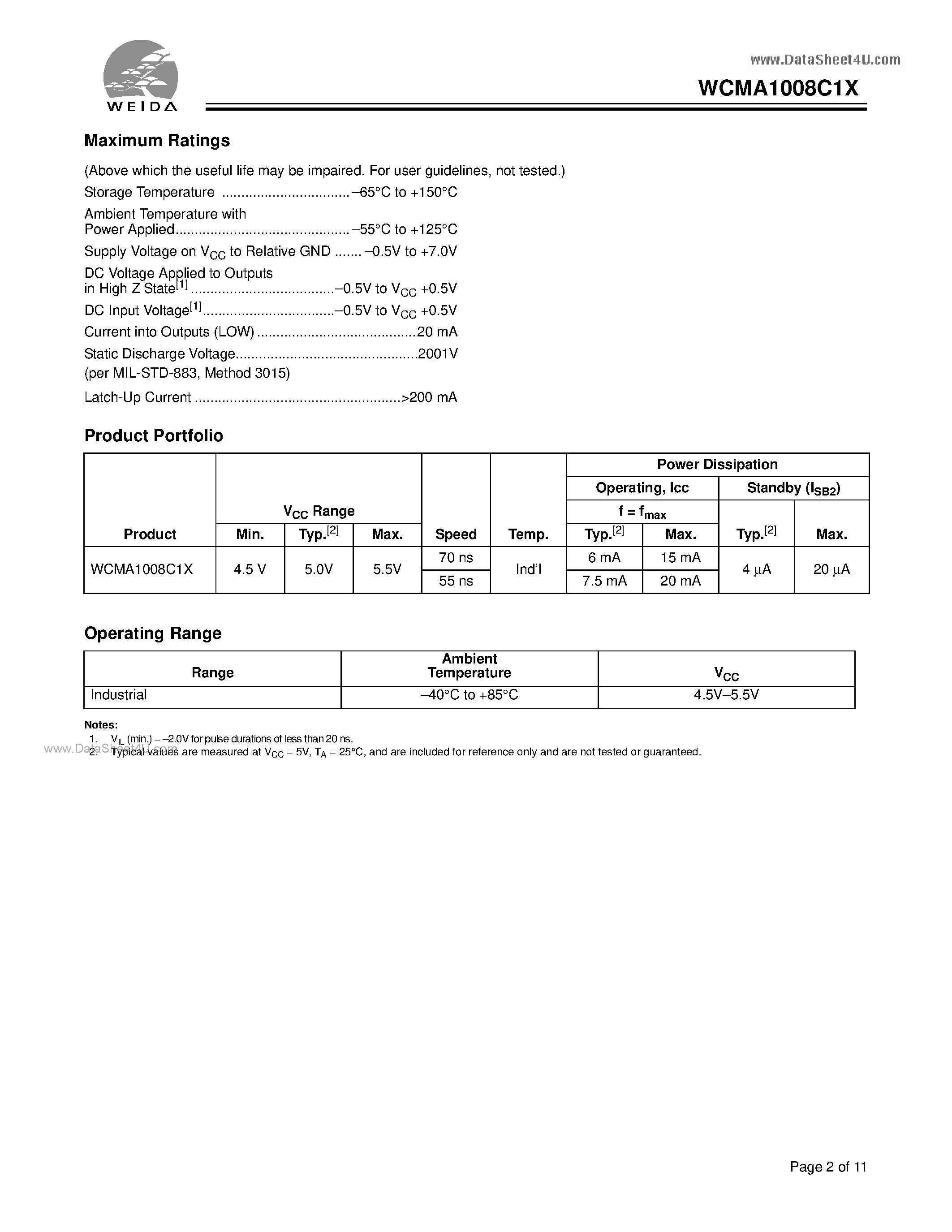 Datasheet WCMA1008C1X - 128K x 8 Static RAM page 2