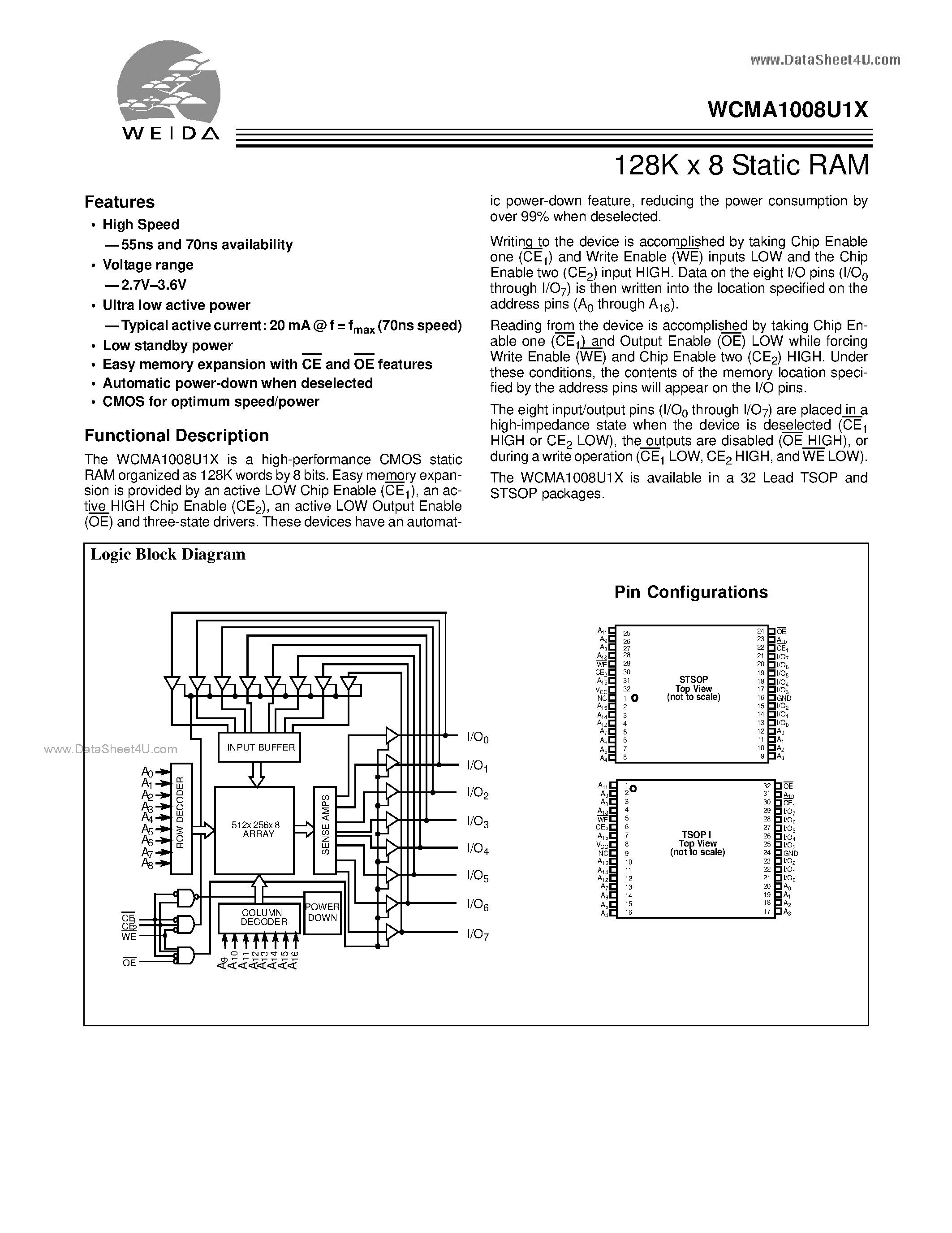 Даташит WCMA1008U1X - 128K x 8 Static RAM страница 1