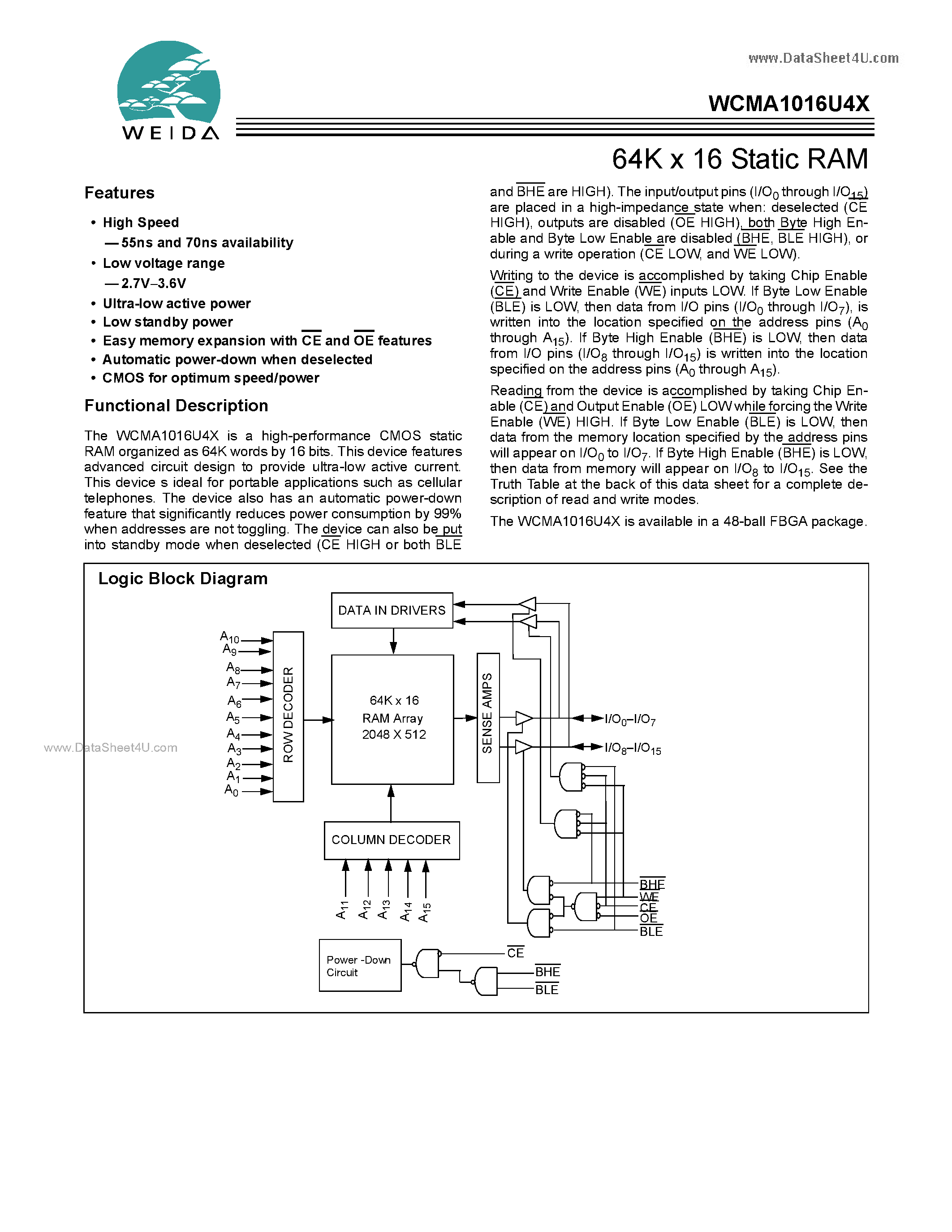 Datasheet WCMA1016U4X - 64K x 16 Static RAM page 1