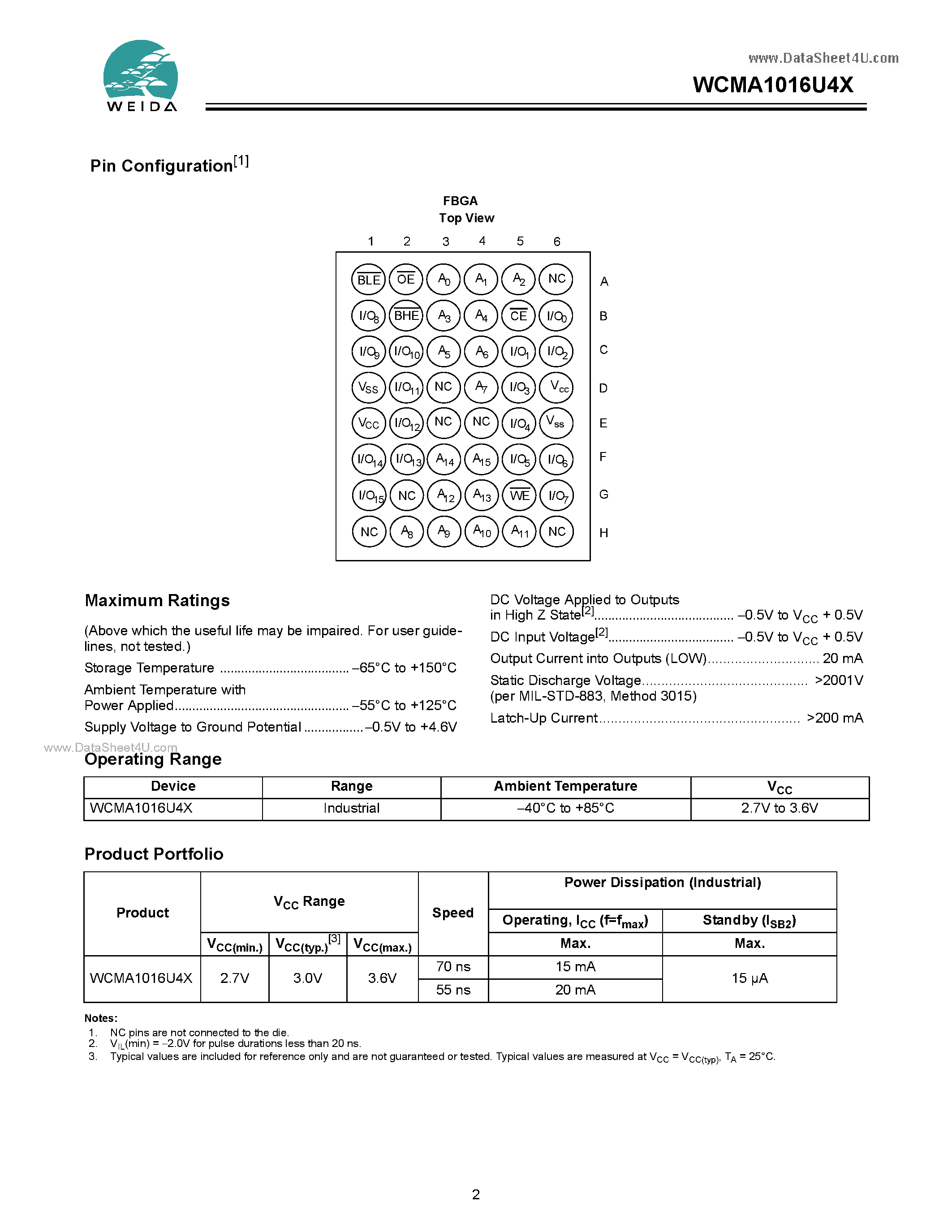 Datasheet WCMA1016U4X - 64K x 16 Static RAM page 2