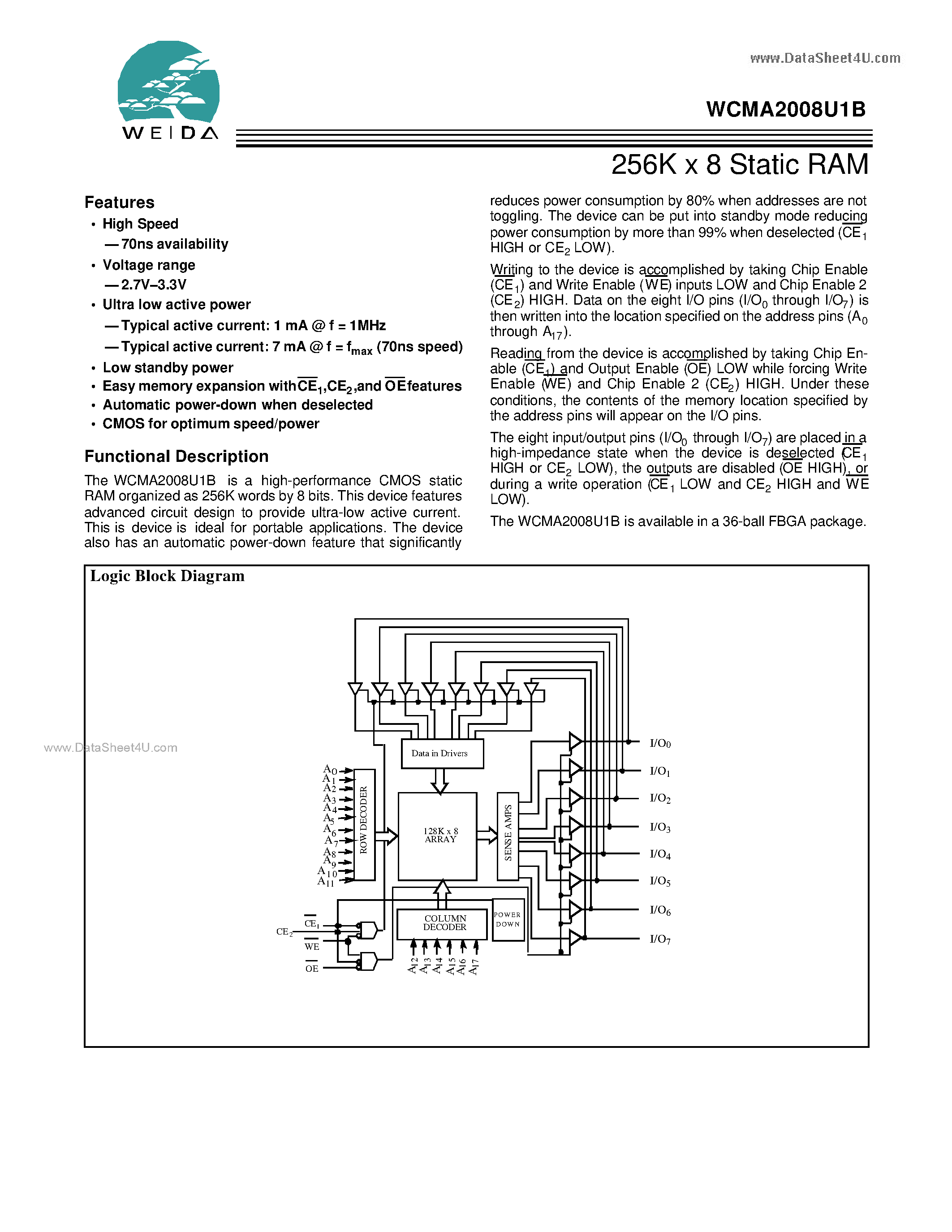 Даташит WCMA2008U1B - 256K x 8 Static RAM страница 1