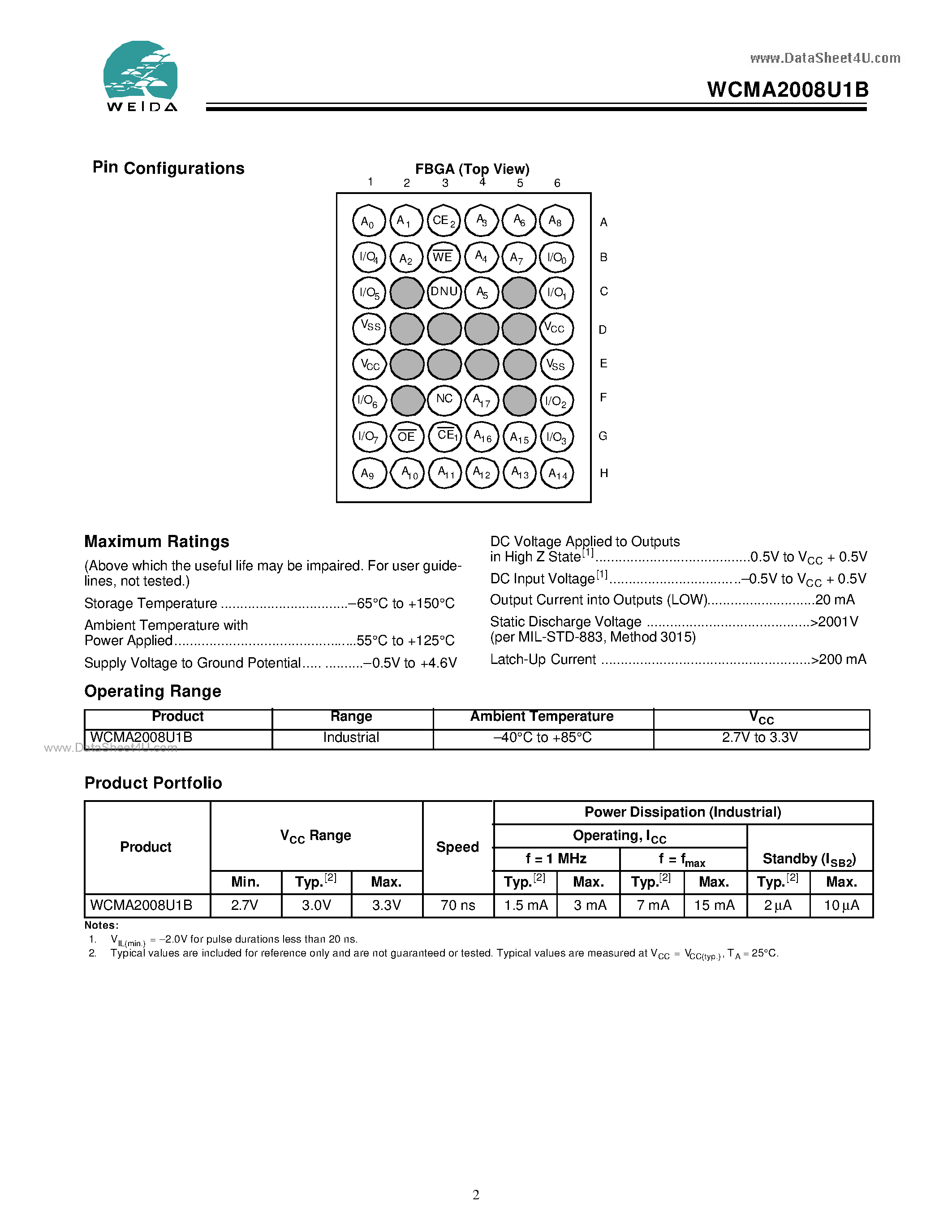 Даташит WCMA2008U1B - 256K x 8 Static RAM страница 2