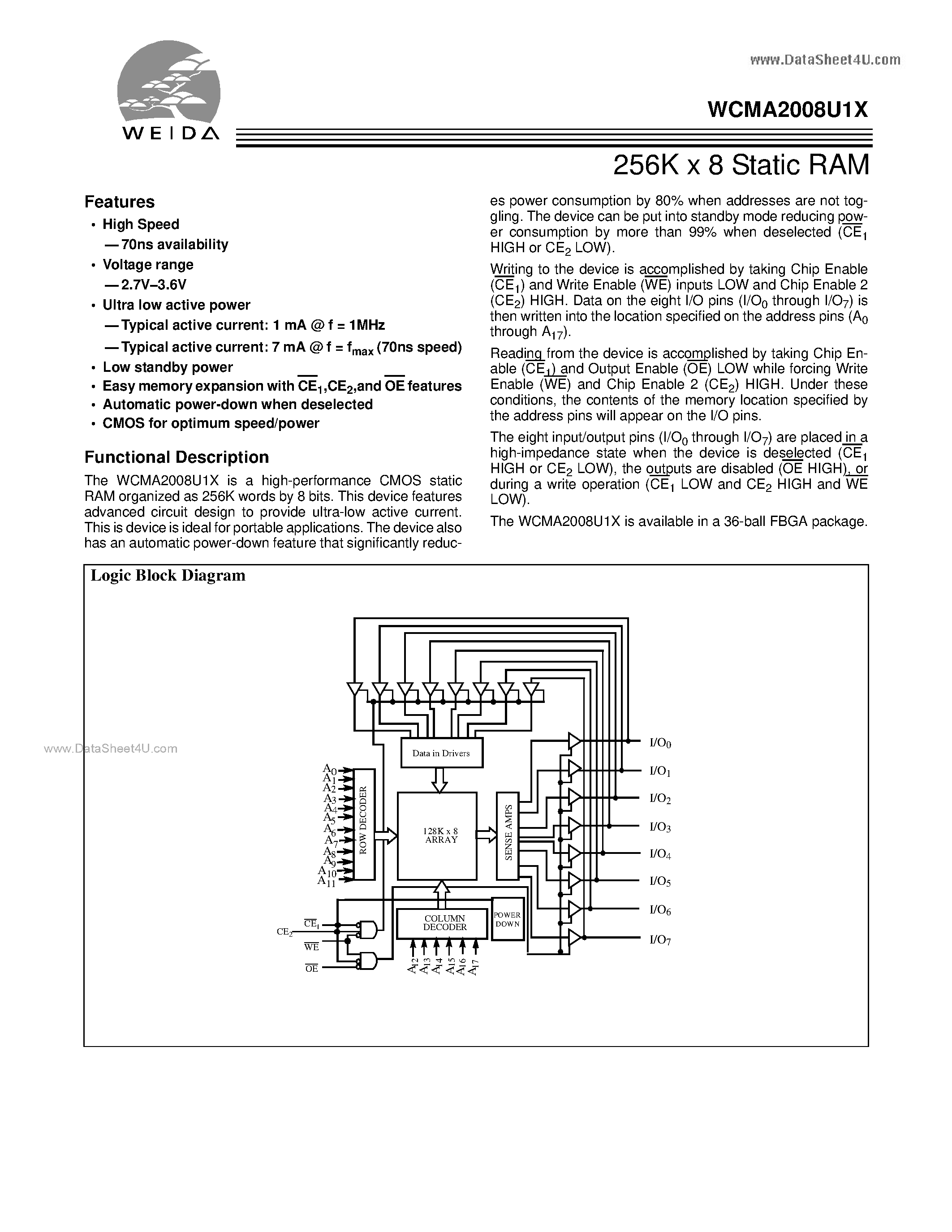 Datasheet WCMA2008U1X - 256K x 8 Static RAM page 1