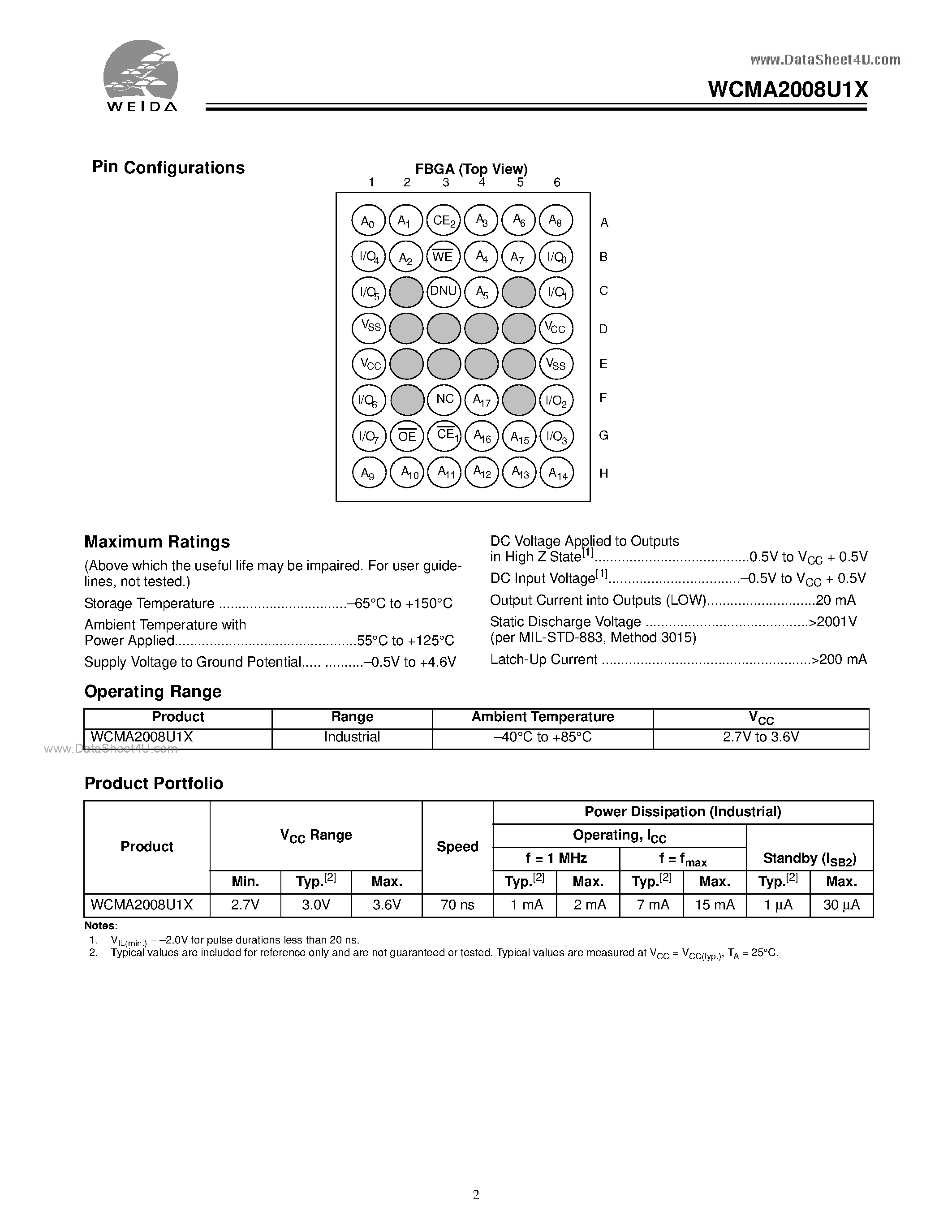 Datasheet WCMA2008U1X - 256K x 8 Static RAM page 2