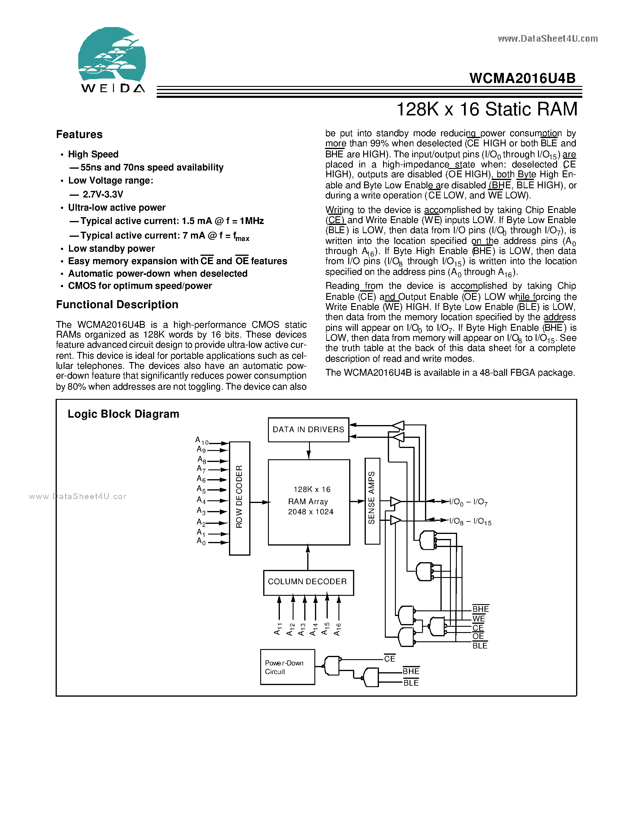 Datasheet WCMA2016U4B - 128K x 16 Static RAM page 1