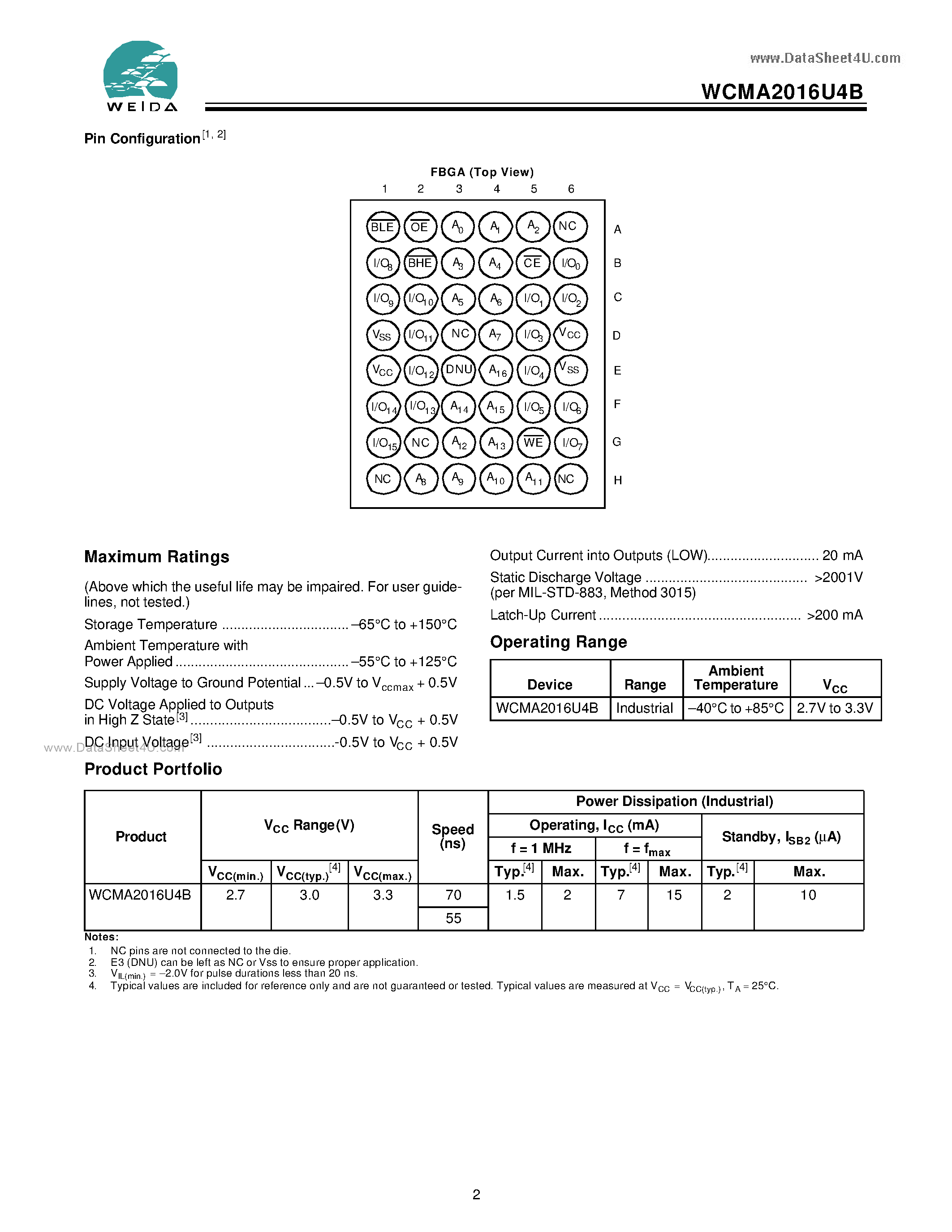 Datasheet WCMA2016U4B - 128K x 16 Static RAM page 2