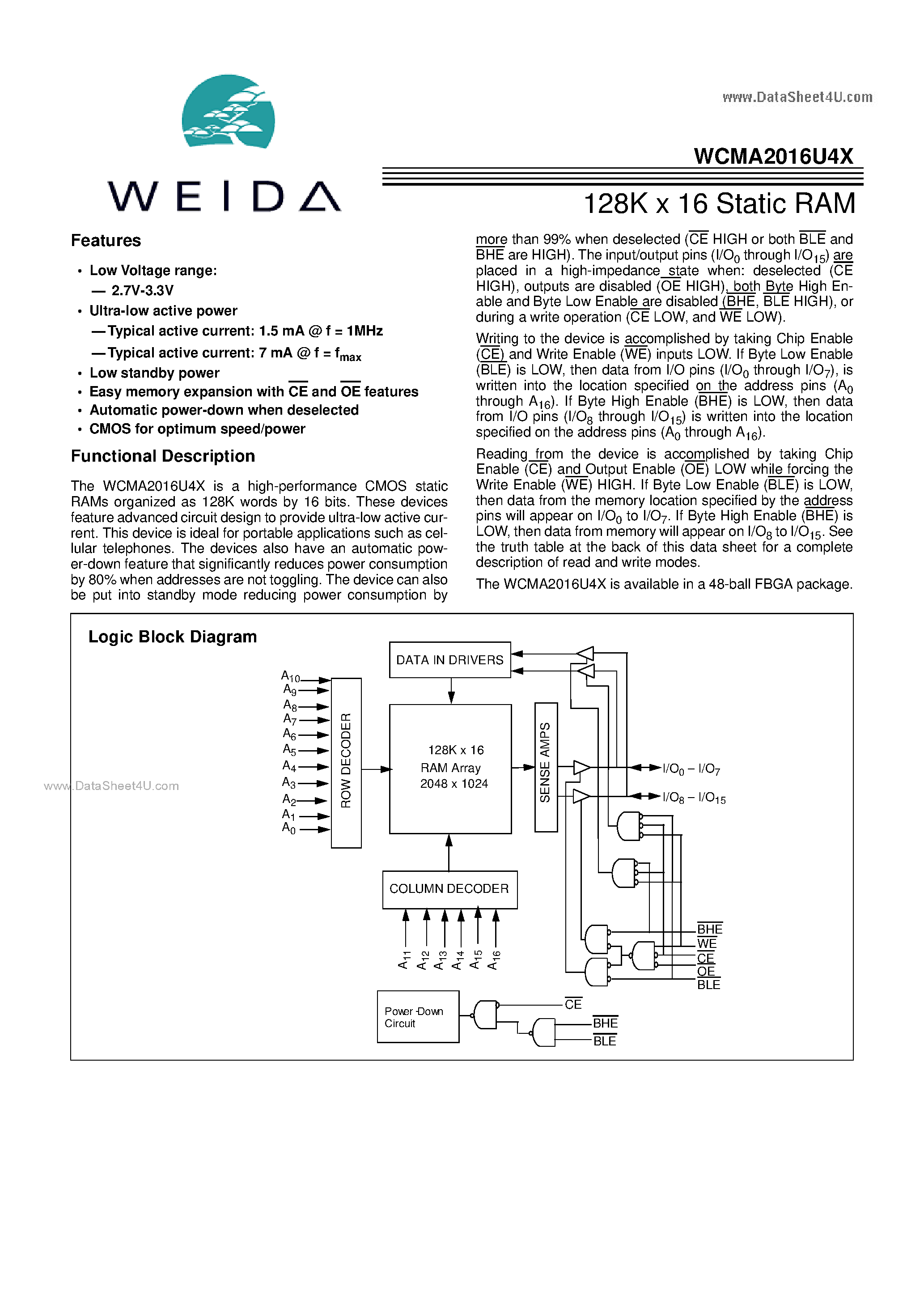 Datasheet WCMA2016U4X - 128K x 16 STATIC page 1