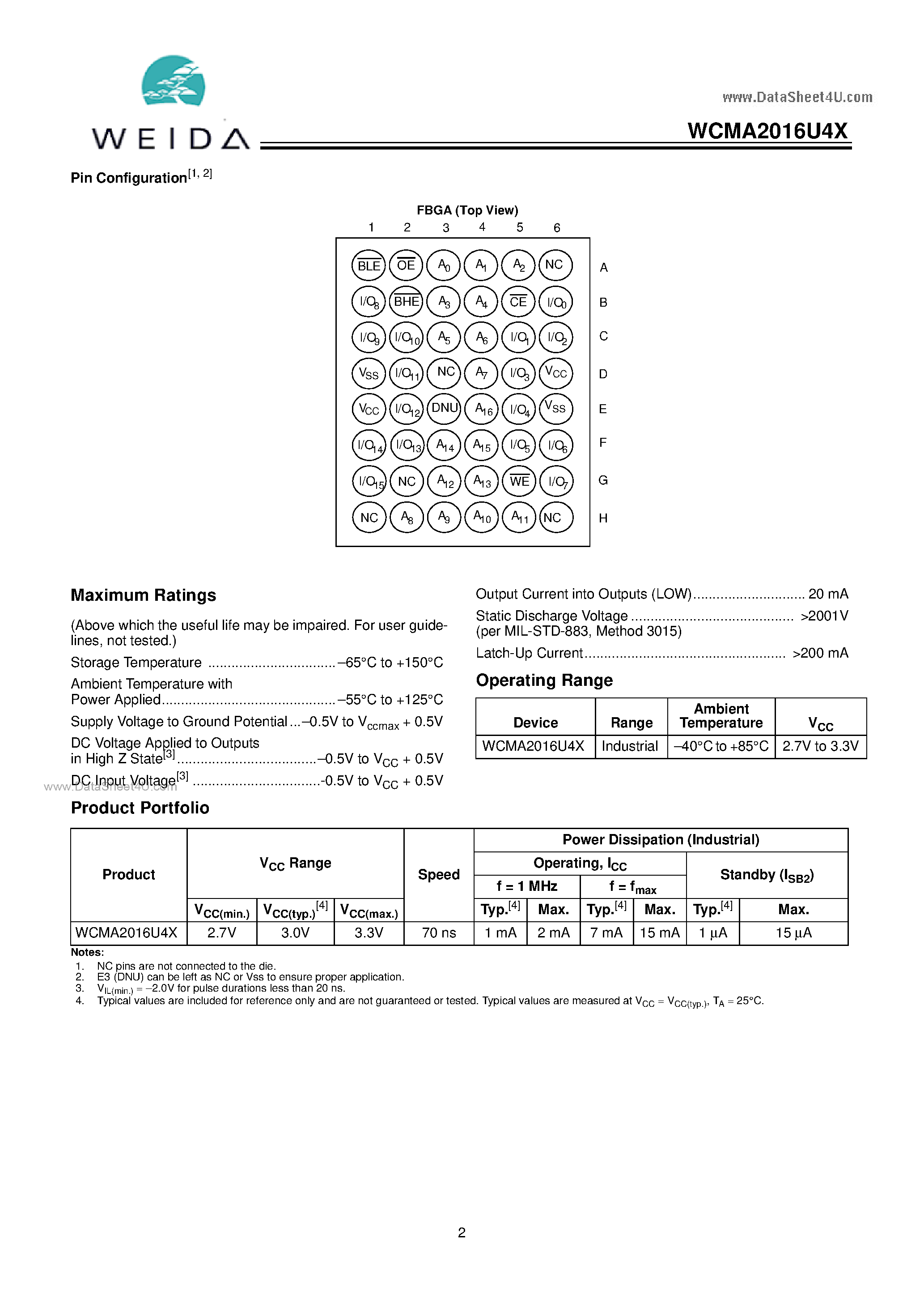 Datasheet WCMA2016U4X - 128K x 16 STATIC page 2