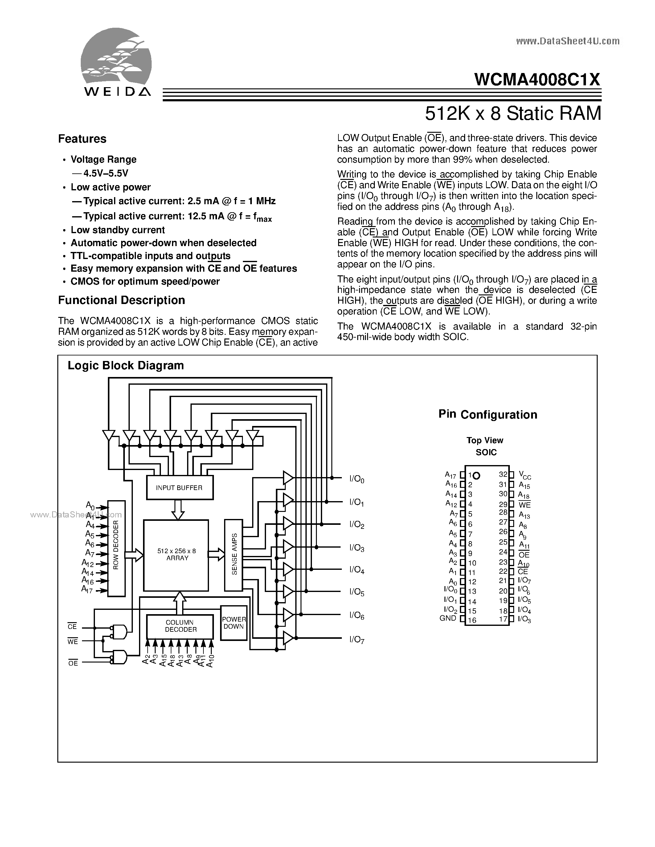 Datasheet WCMA4008C1X - 512K x 8 Static RAM page 1