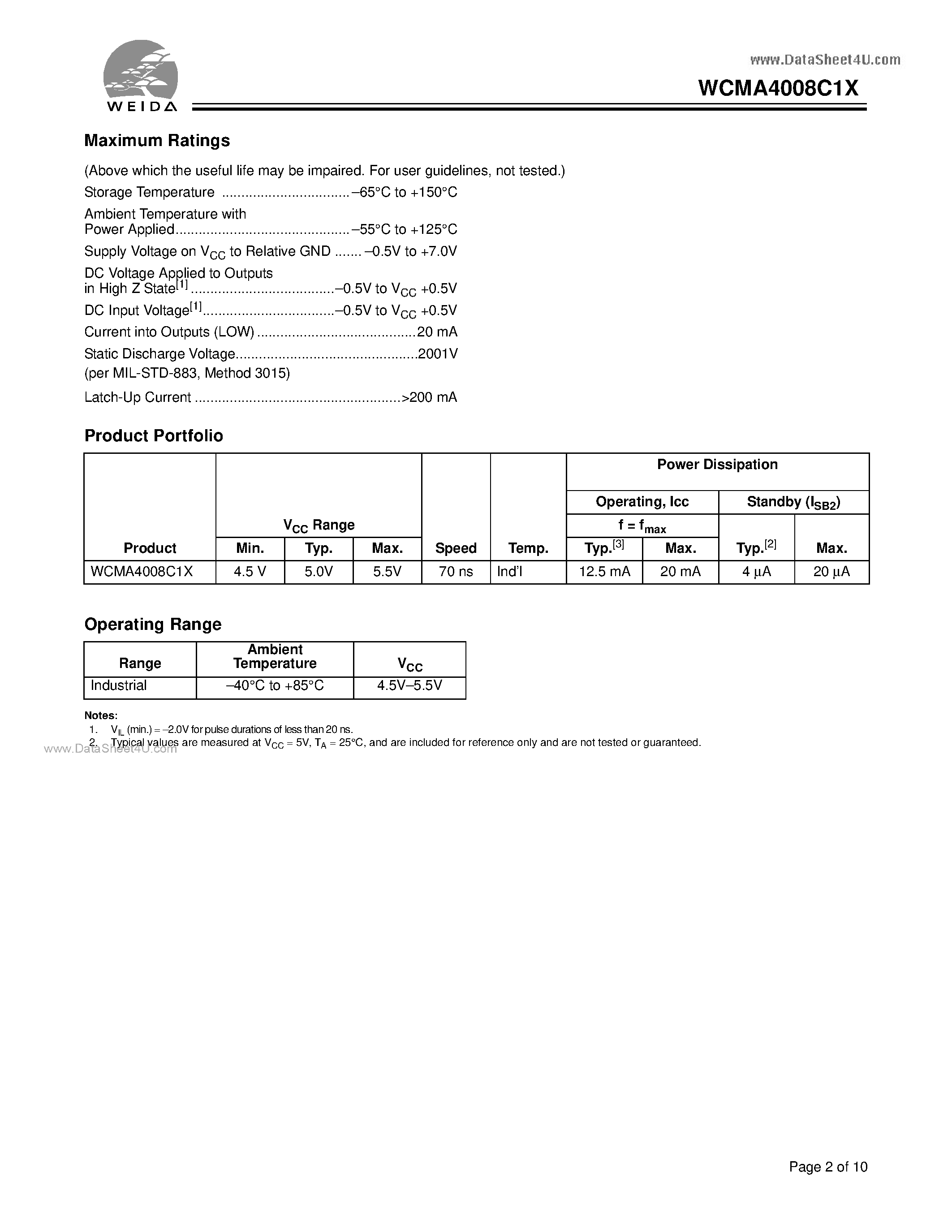 Datasheet WCMA4008C1X - 512K x 8 Static RAM page 2