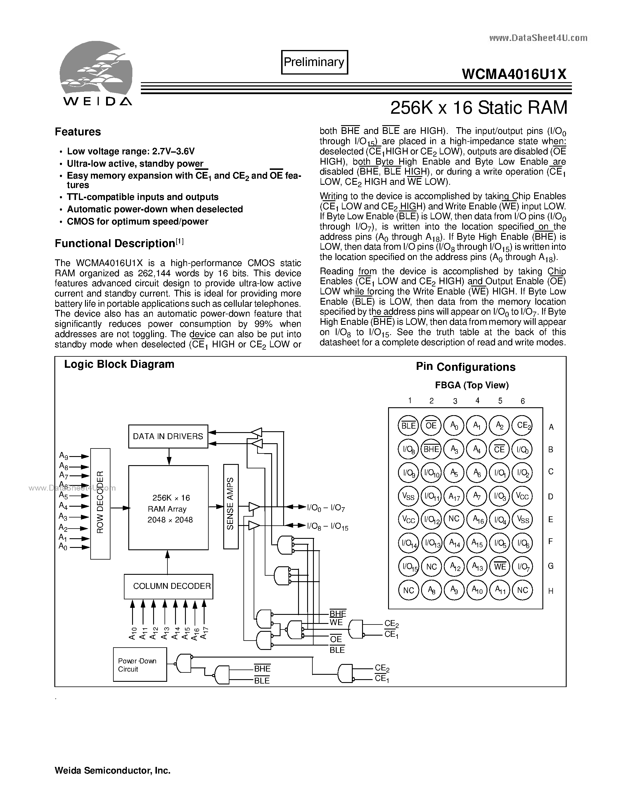 Datasheet WCMA4016U1X - 256K x 16 Static RAM page 1