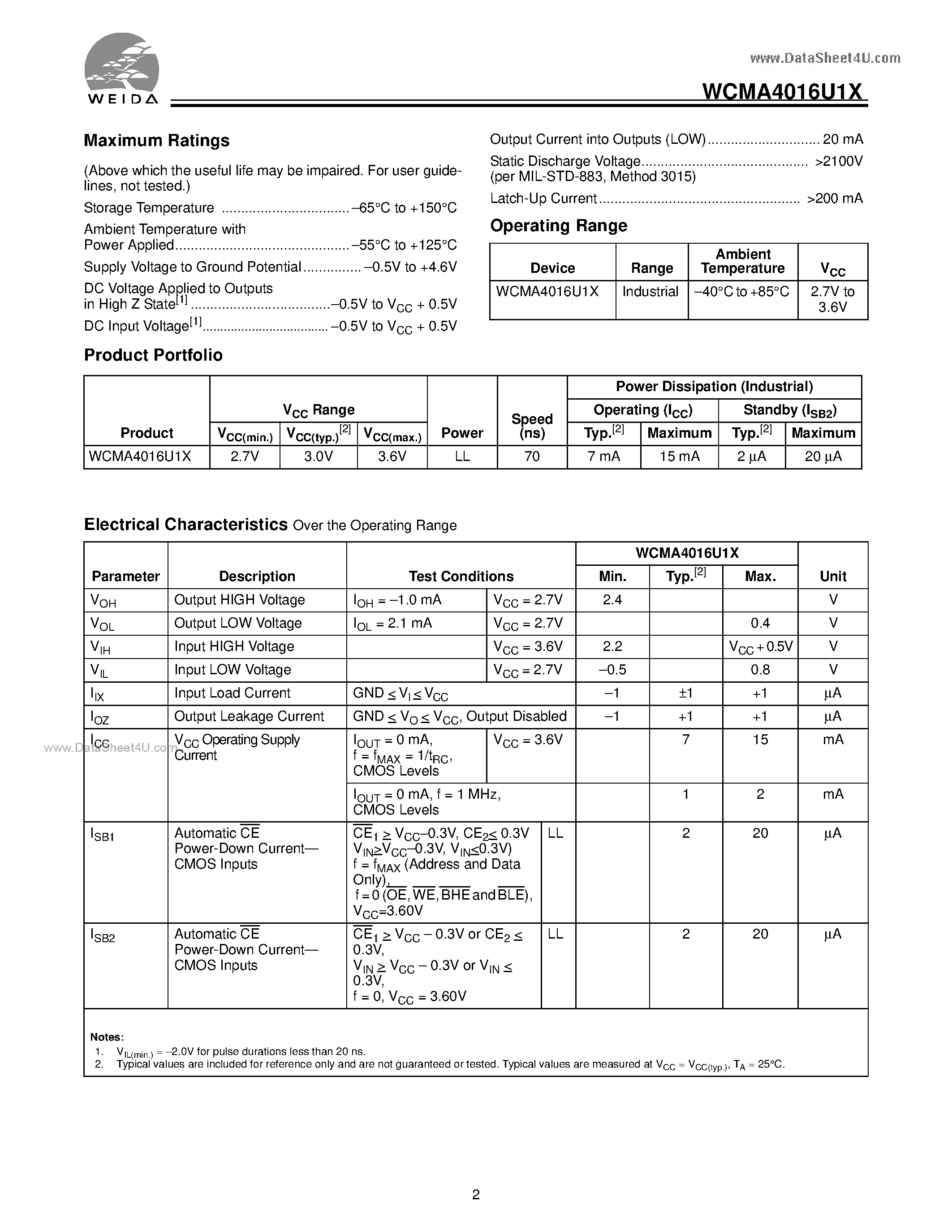 Datasheet WCMA4016U1X - 256K x 16 Static RAM page 2