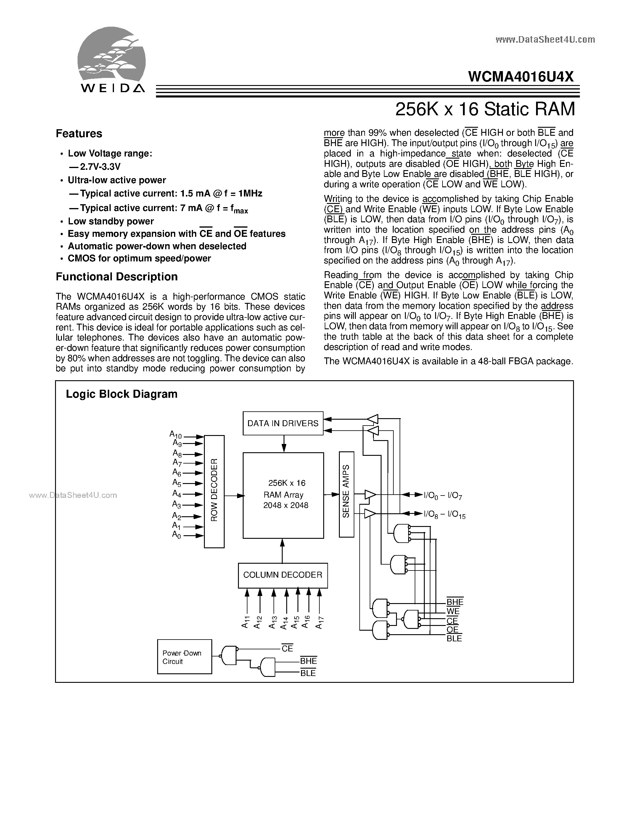 Datasheet WCMA4016U4X - 256K x 16 Static RAM page 1