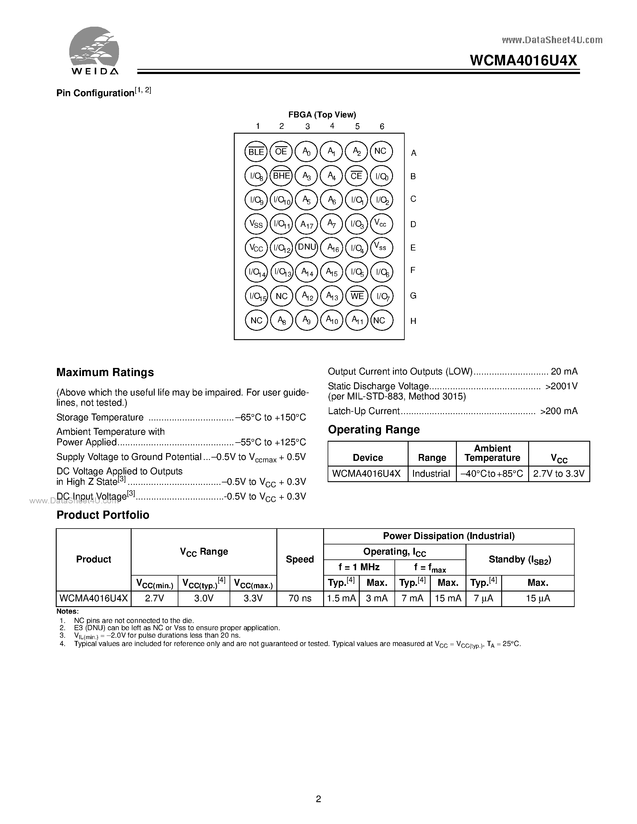 Datasheet WCMA4016U4X - 256K x 16 Static RAM page 2