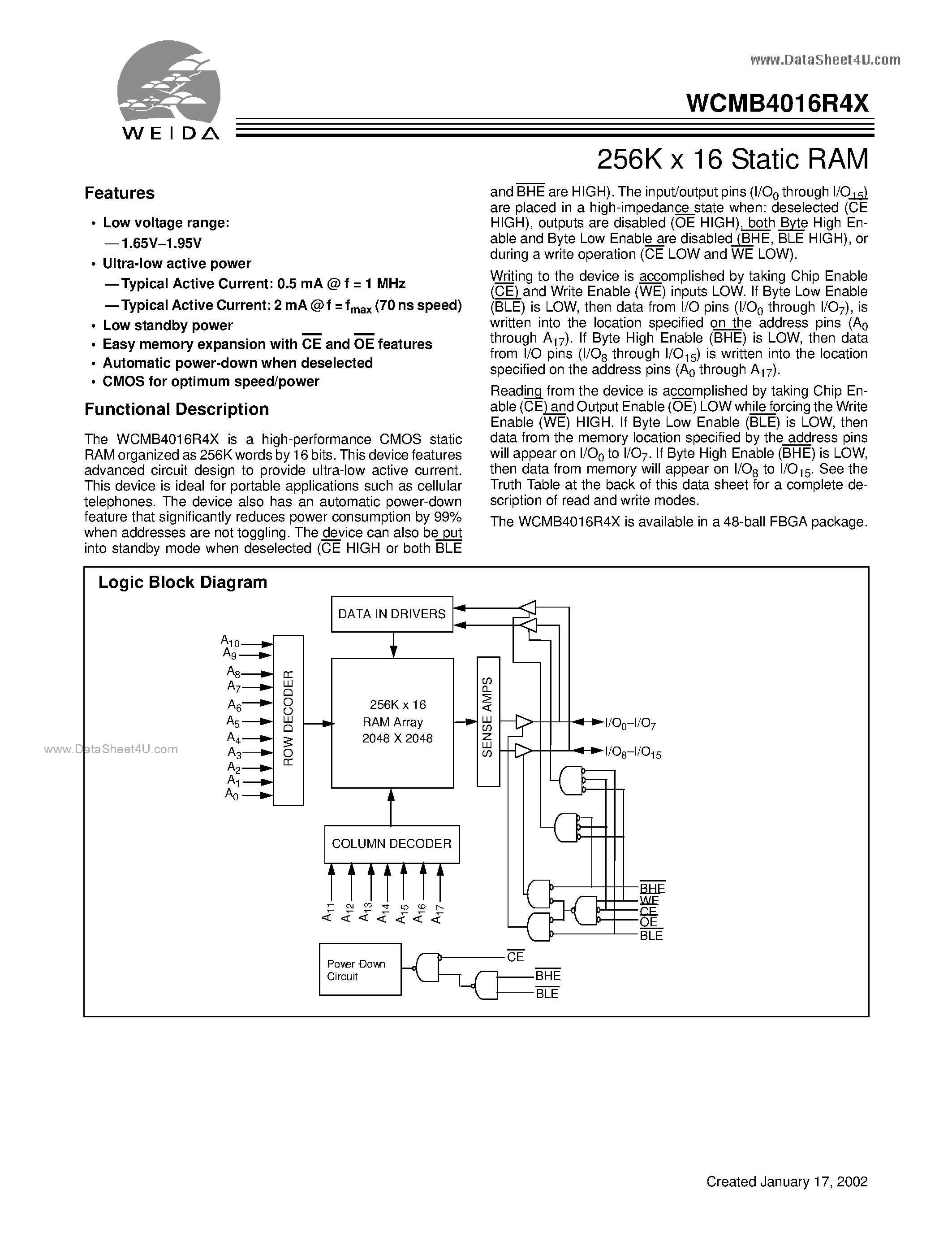 Datasheet WCMB4016R4X - 256K x 16 Static RAM page 1