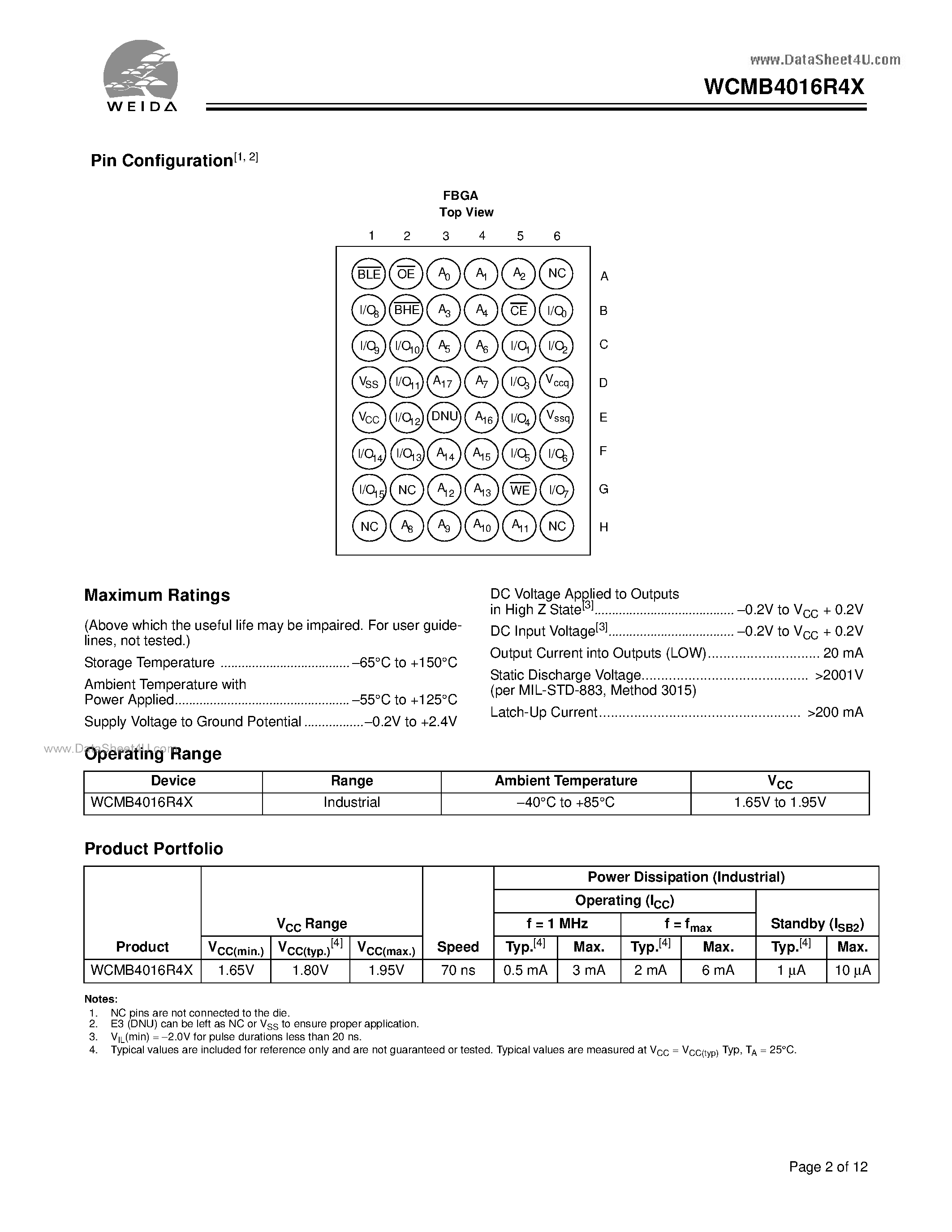 Datasheet WCMB4016R4X - 256K x 16 Static RAM page 2