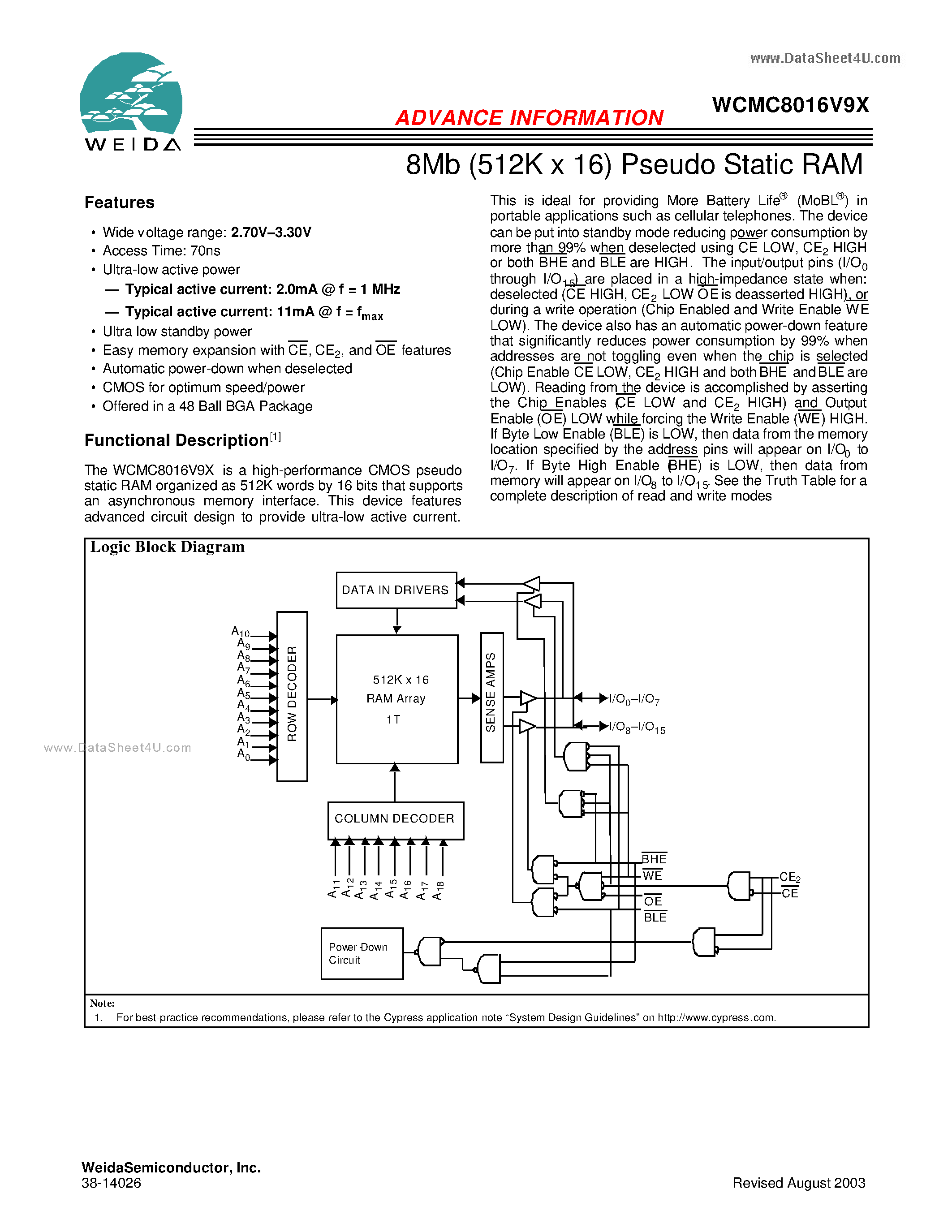 Datasheet WCMC8016V9X - 8Mb (512K x 16) Pseudo Static RAM page 1