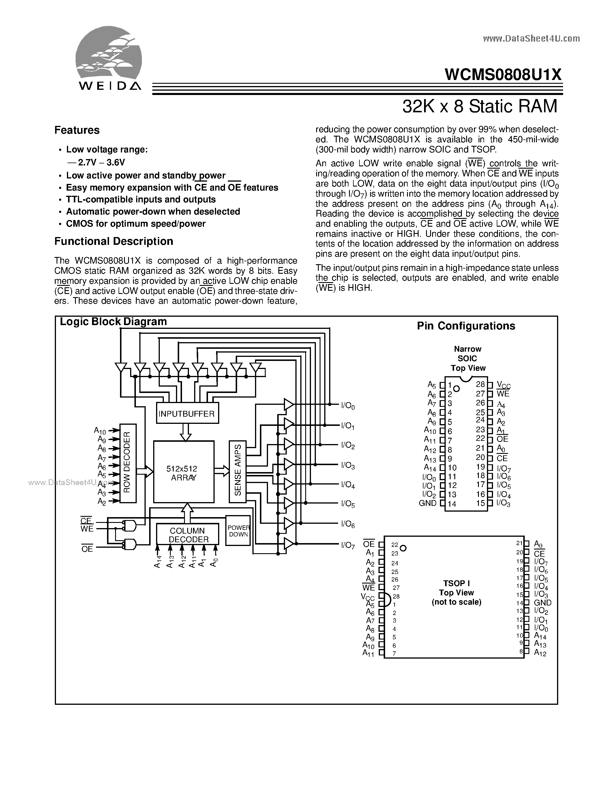 Datasheet WCMS0808U1X - 32K x 8 Static RAM page 1