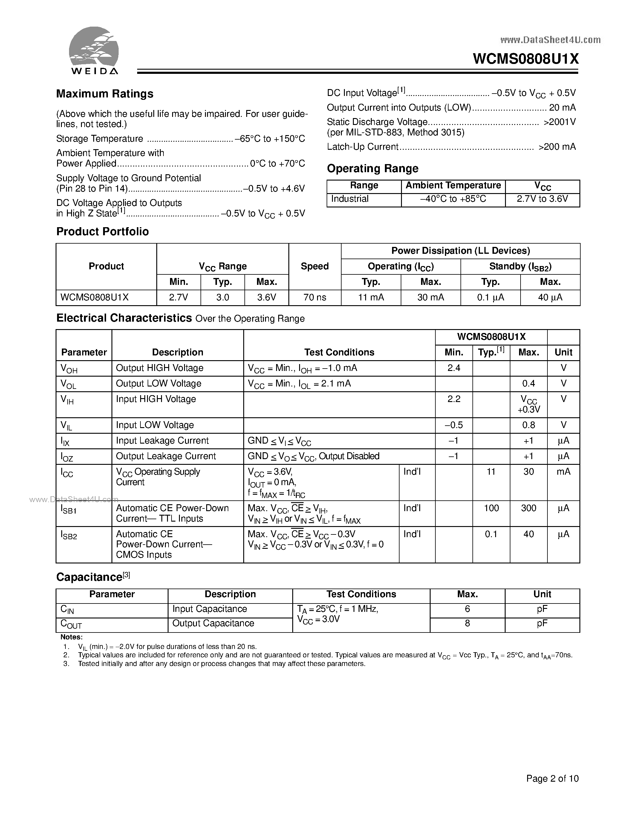 Datasheet WCMS0808U1X - 32K x 8 Static RAM page 2