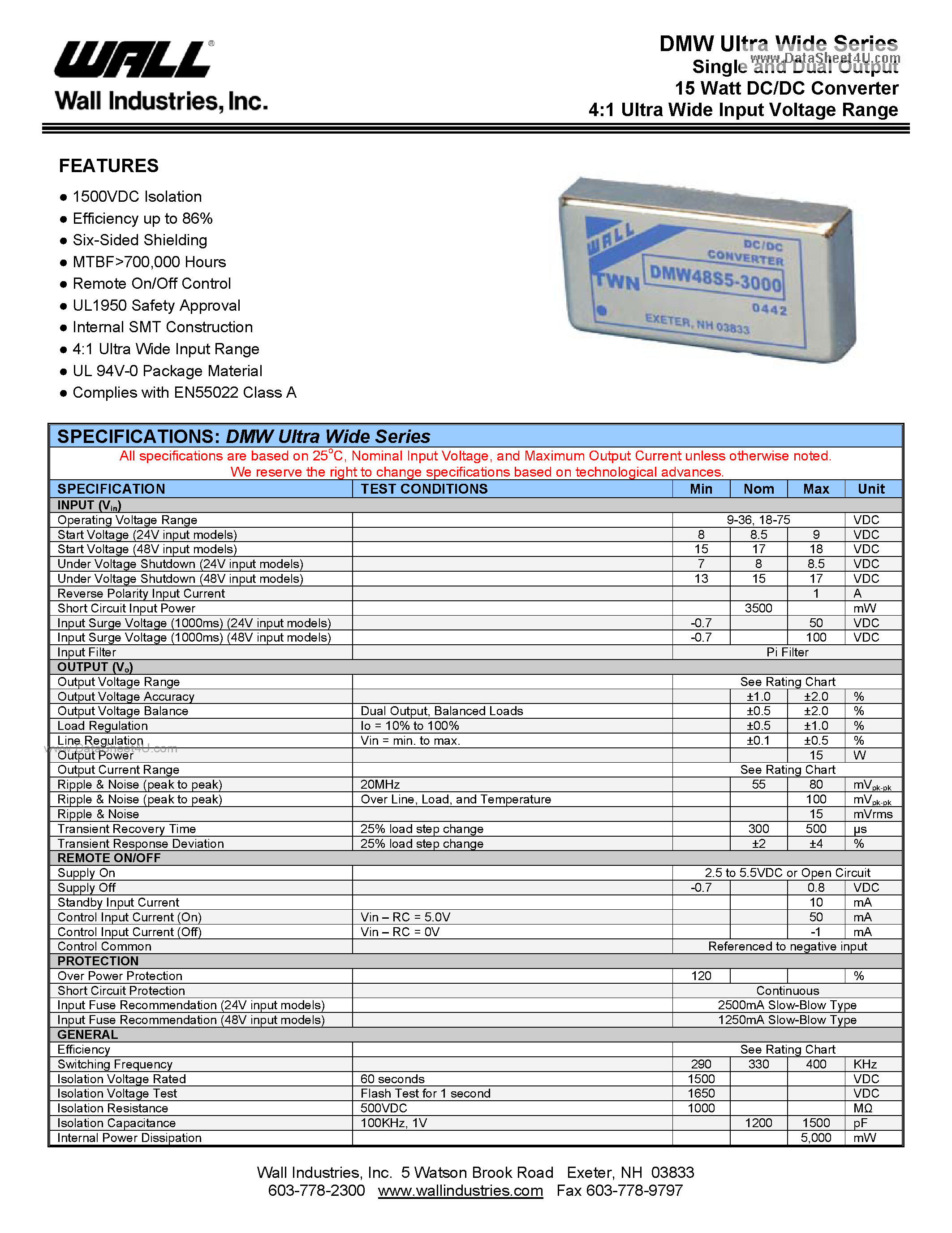 Даташит DMW24D12-625 - Single and Dual Output 15 Watt DC/DC Converter 4:1 Ultra Wide Input Voltage Range страница 1