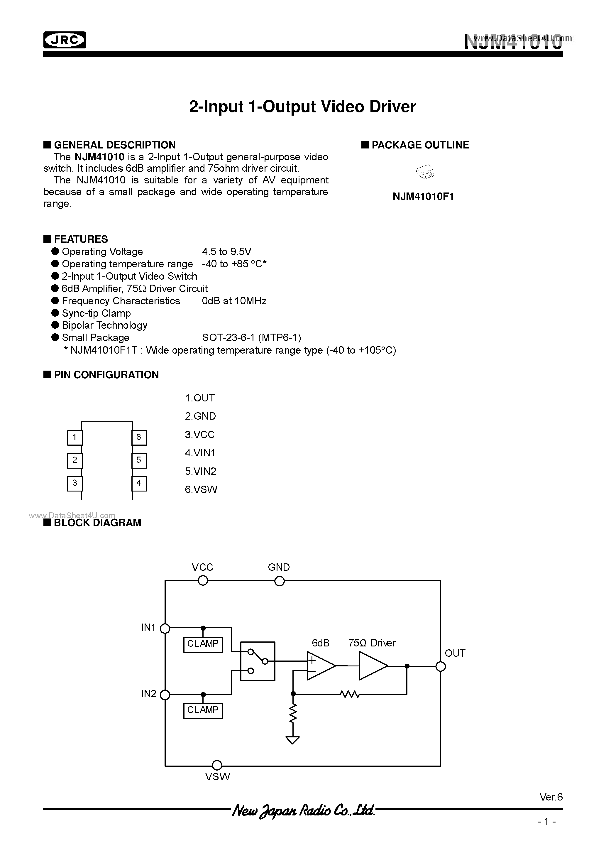 Даташит NJM41010 - 2-Input 1-Output Video Driver страница 1