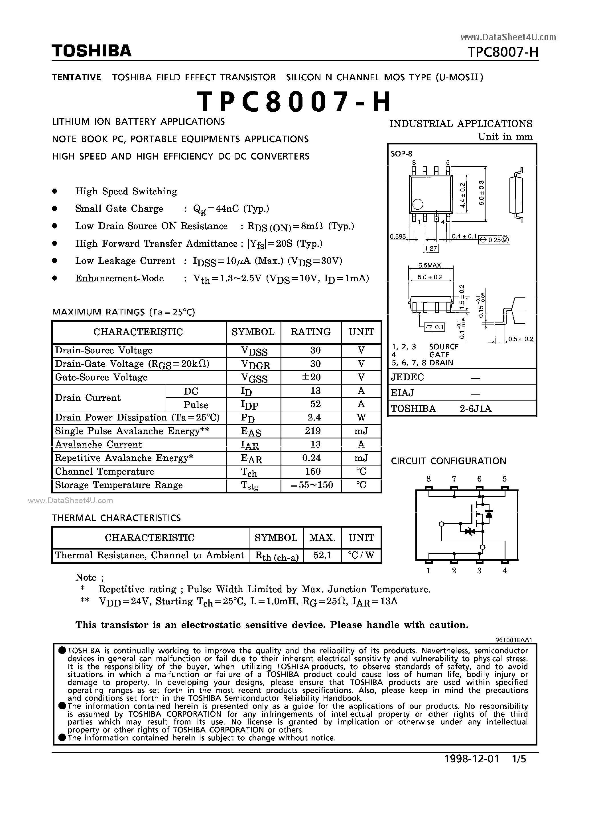 Даташит TPC8007-H - Field Effect Transistors страница 1