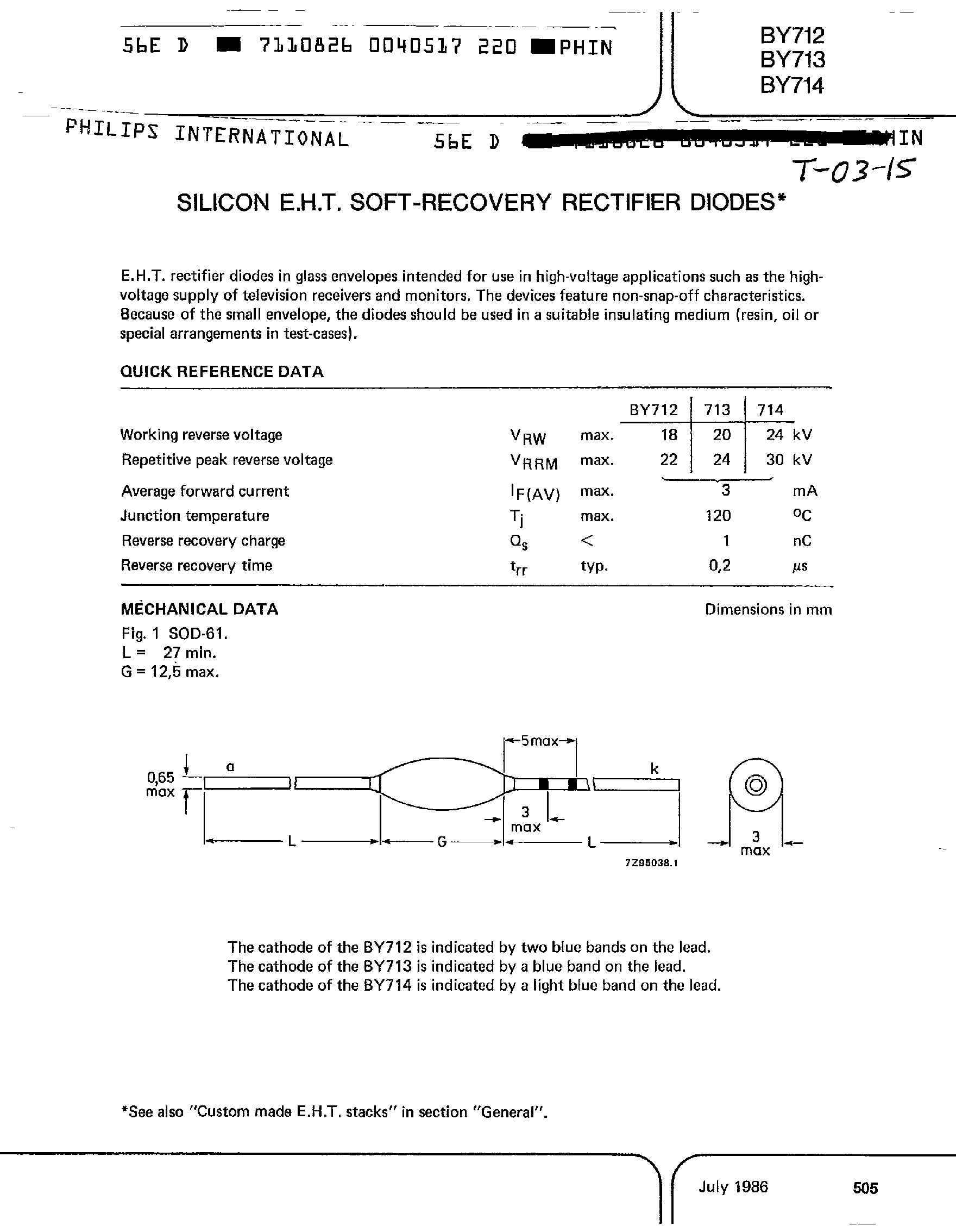 Даташит BY712 - SILICON E.H.T SOFT RECOVERY RECTIFIER DIODES страница 1