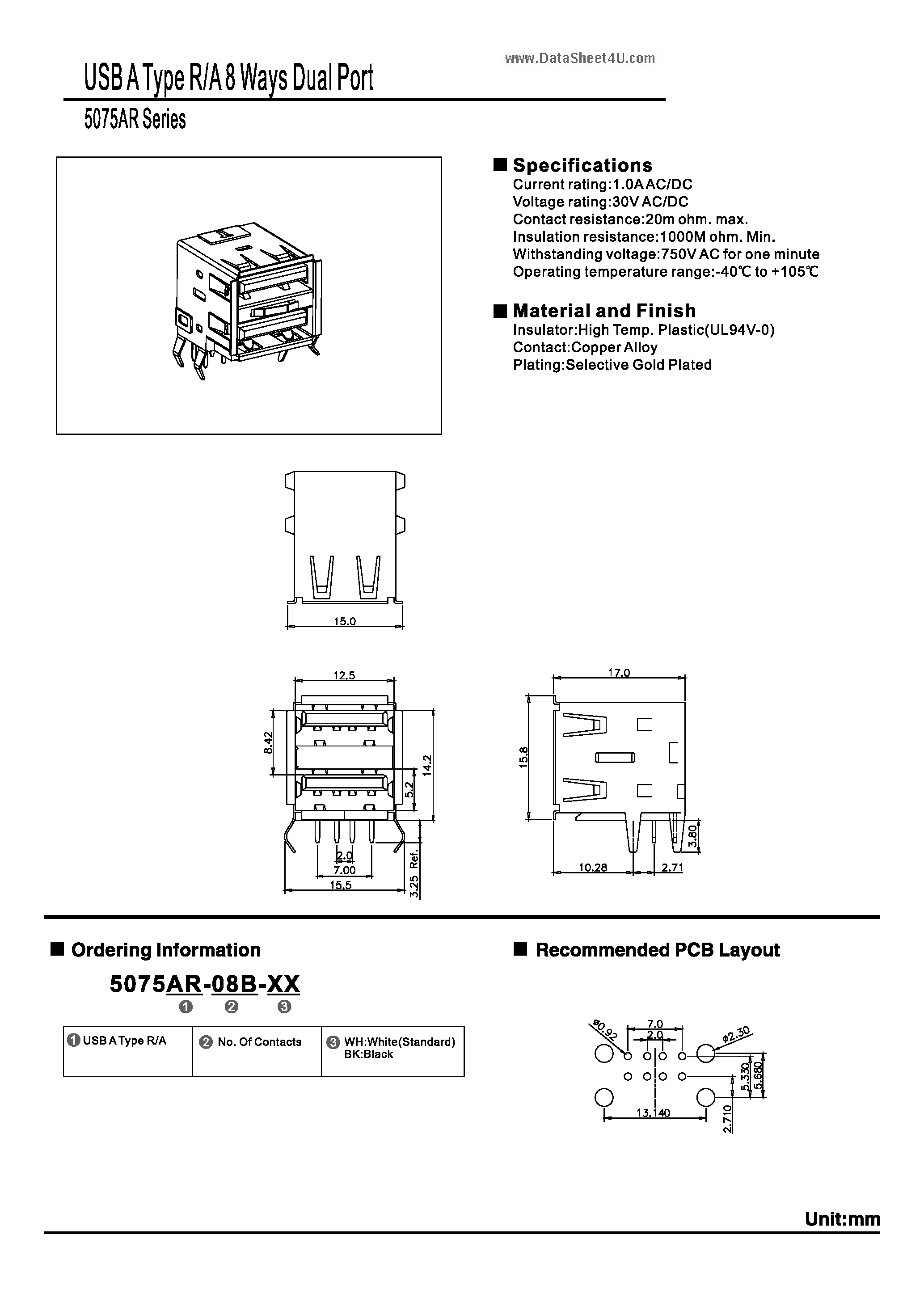 Datasheet 5075AR - USB A Type R/A 8 Ways Dula Port page 1