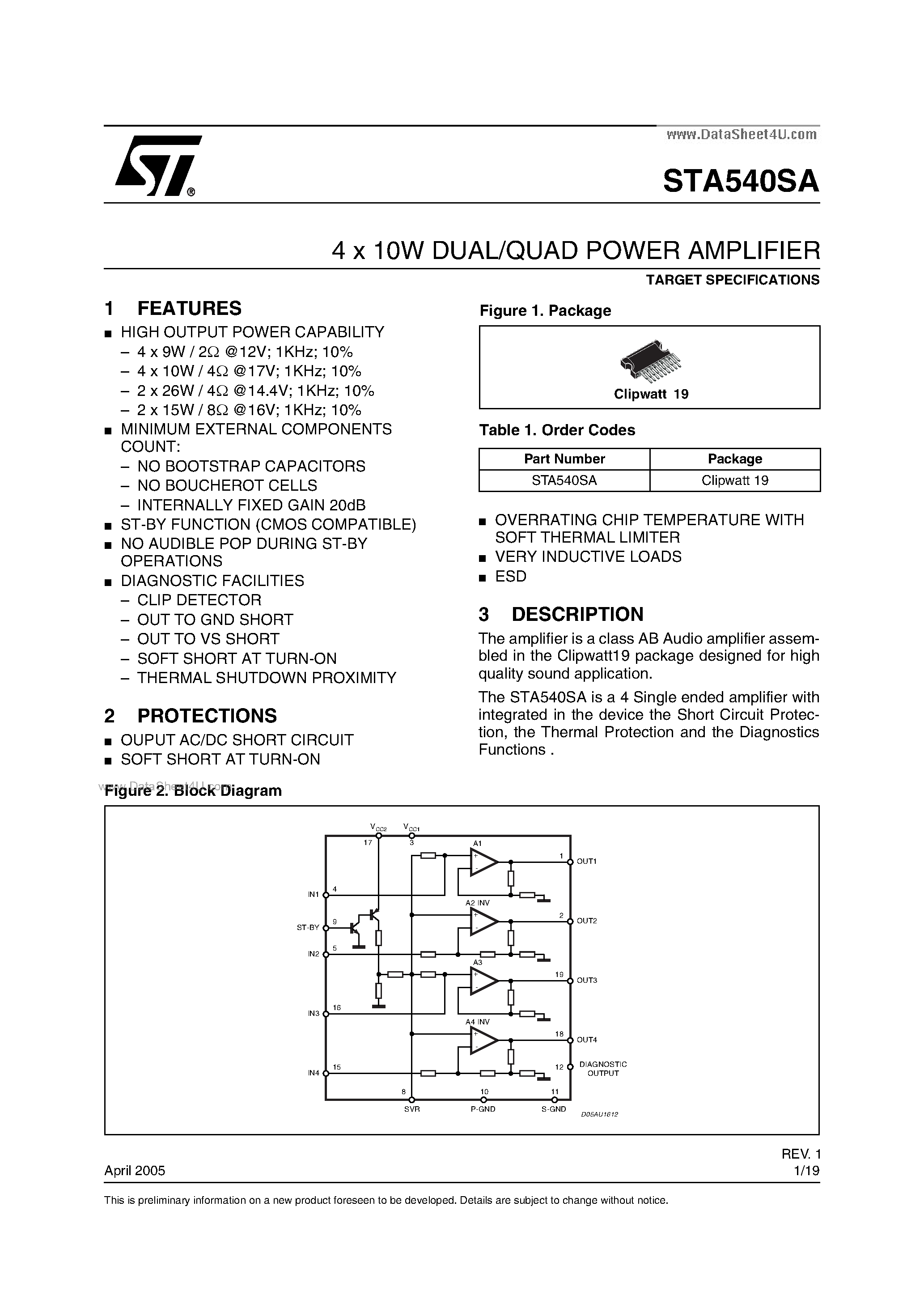 Даташит STA540SA - 4 x 10W DUAL/QUAD POWER AMPLIFIER страница 1