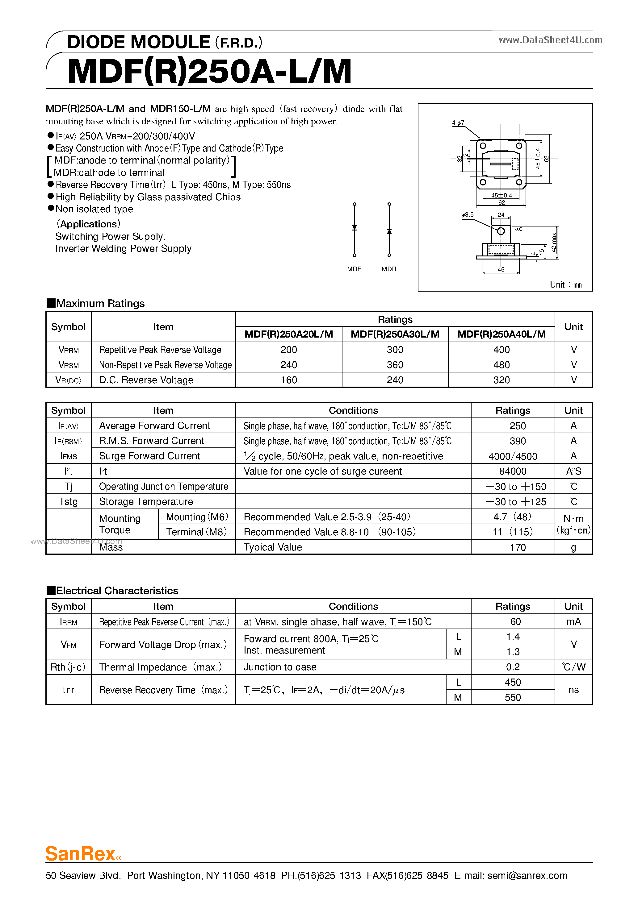 Datasheet MDF250A-L - DIODE MODULE page 1