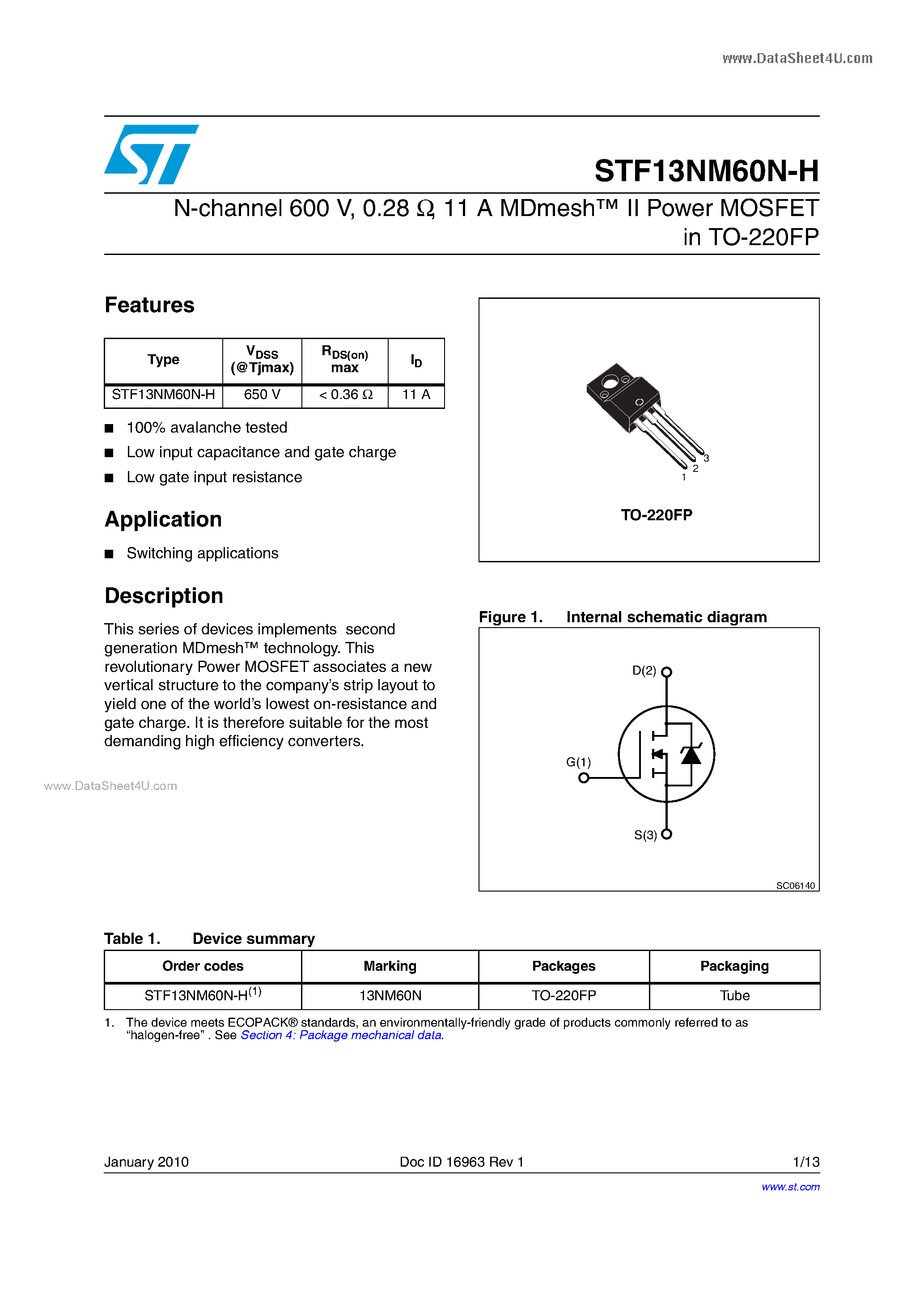 Даташит STF13NM60N-H - N-channel MOSFET страница 1