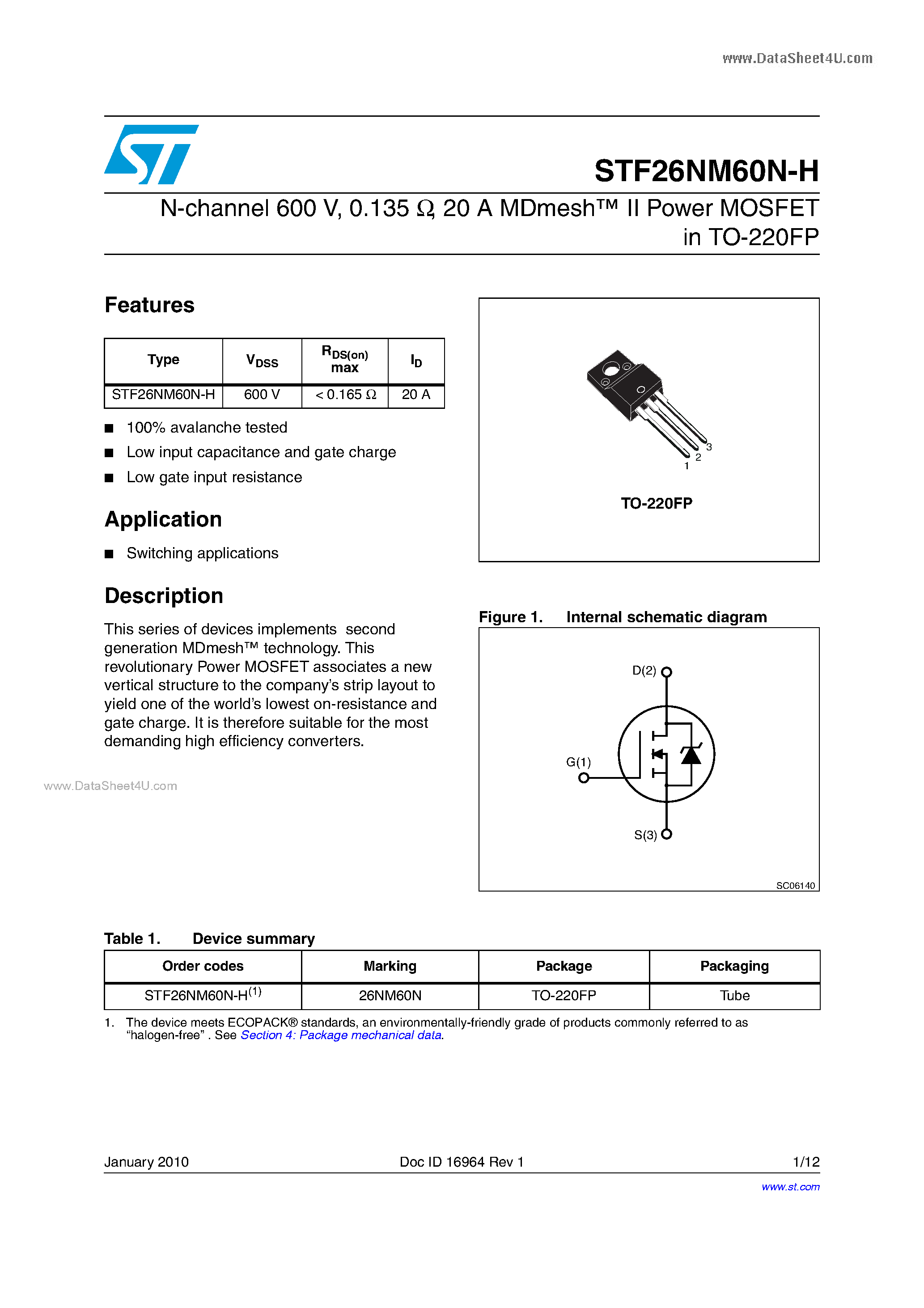 Даташит STF26NM60N-H - N-channel MOSFET страница 1