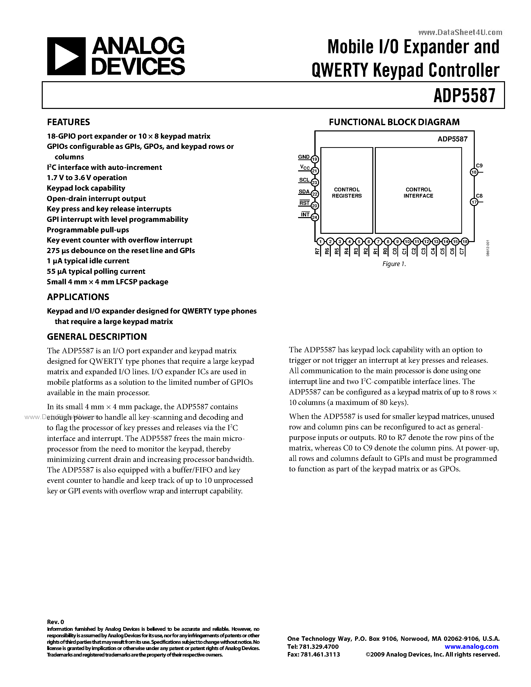 Datasheet ADP5587 - Mobile I/O Expander And QWERTY Keypad Controller page 1