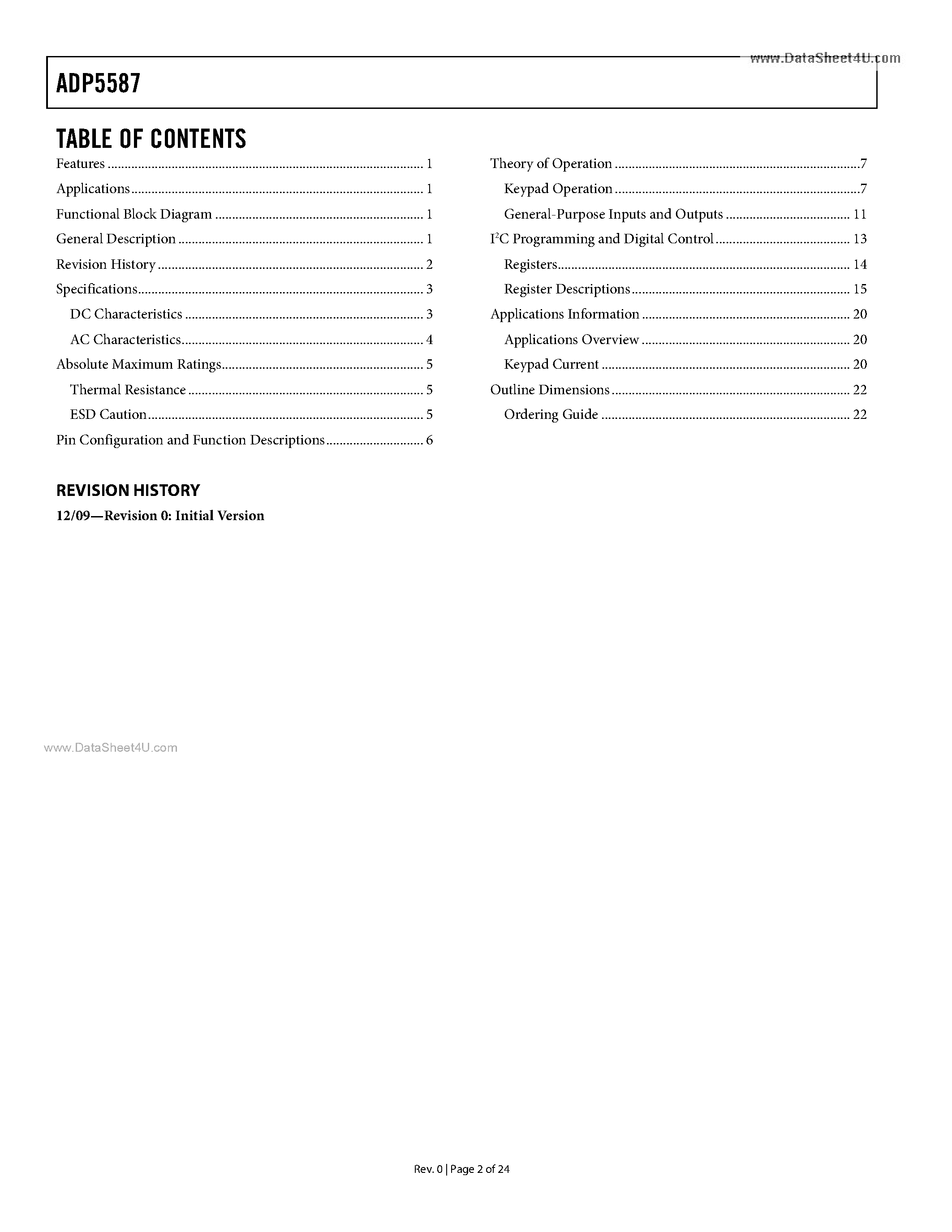 Datasheet ADP5587 - Mobile I/O Expander And QWERTY Keypad Controller page 2