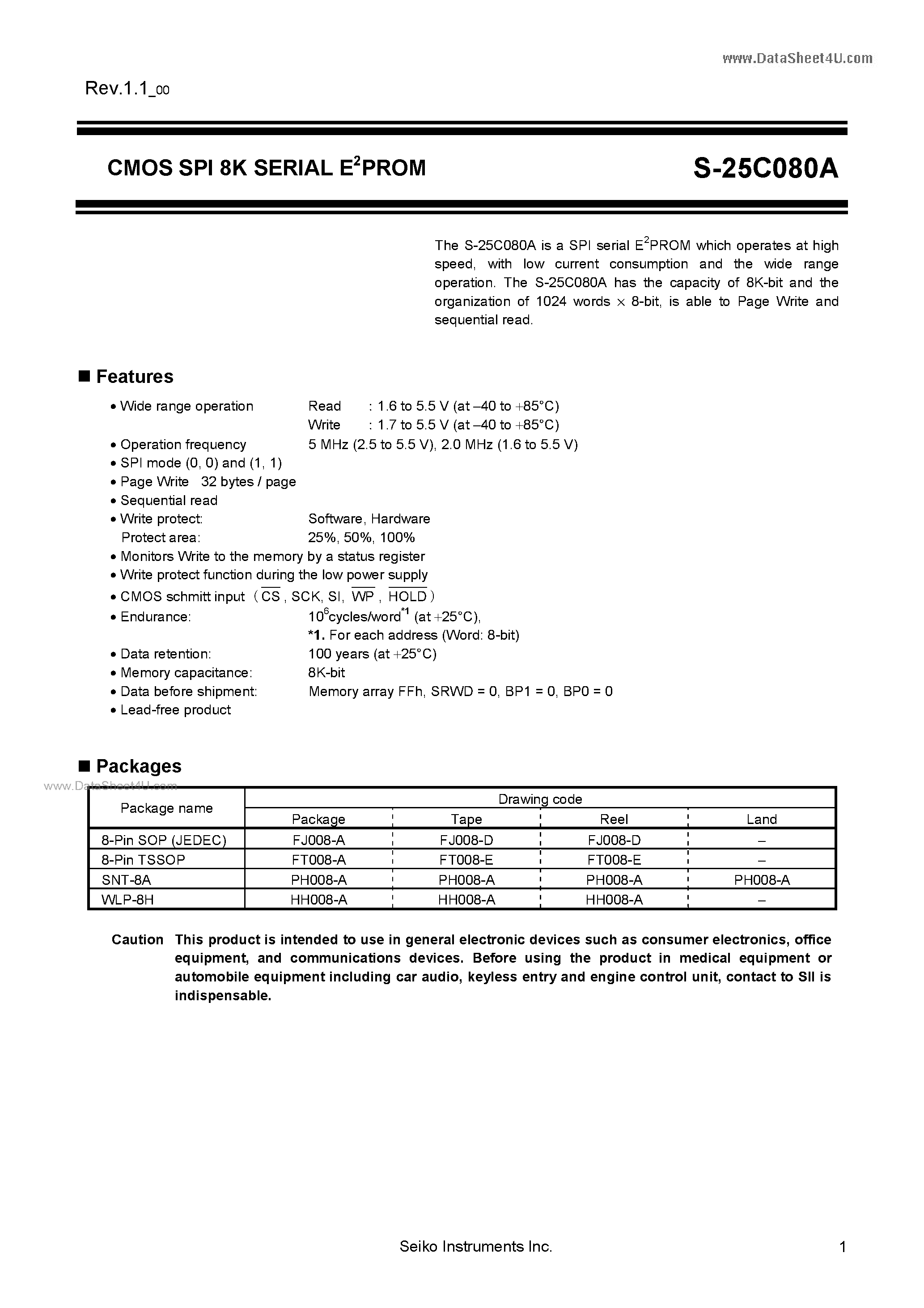 Datasheet S-25C080A - CMOS SPI 8K SERIAL E2PROM page 1