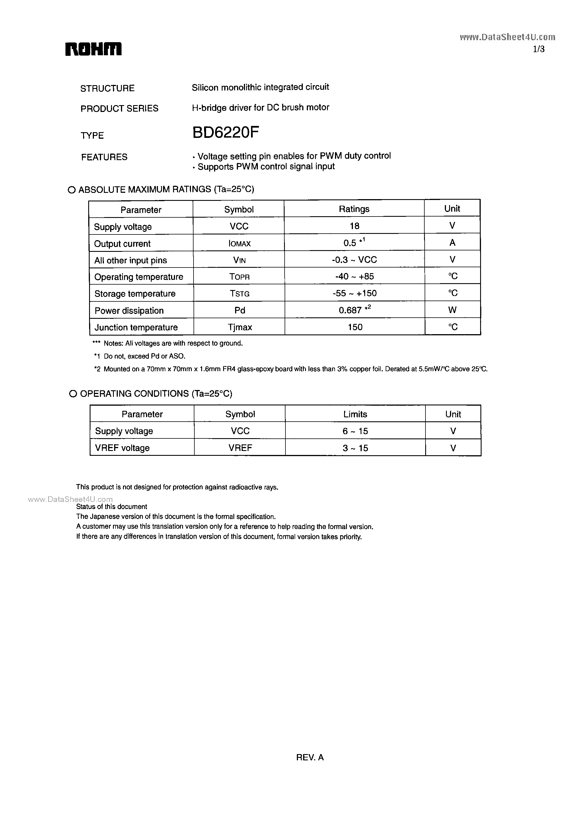 Даташит BD6220F - H-bridge driver страница 1