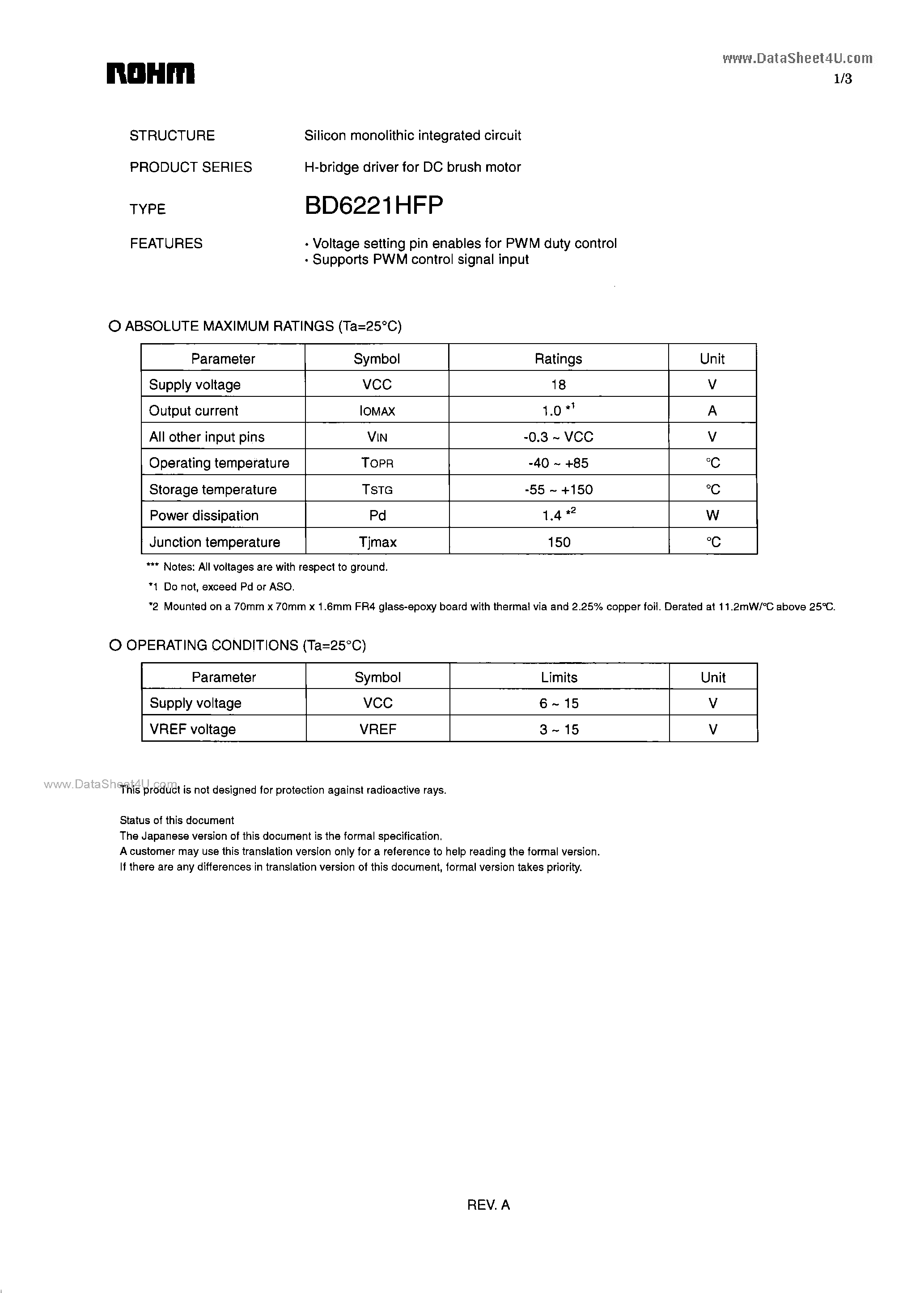 Даташит BD6221HFP - H-bridge driver страница 1