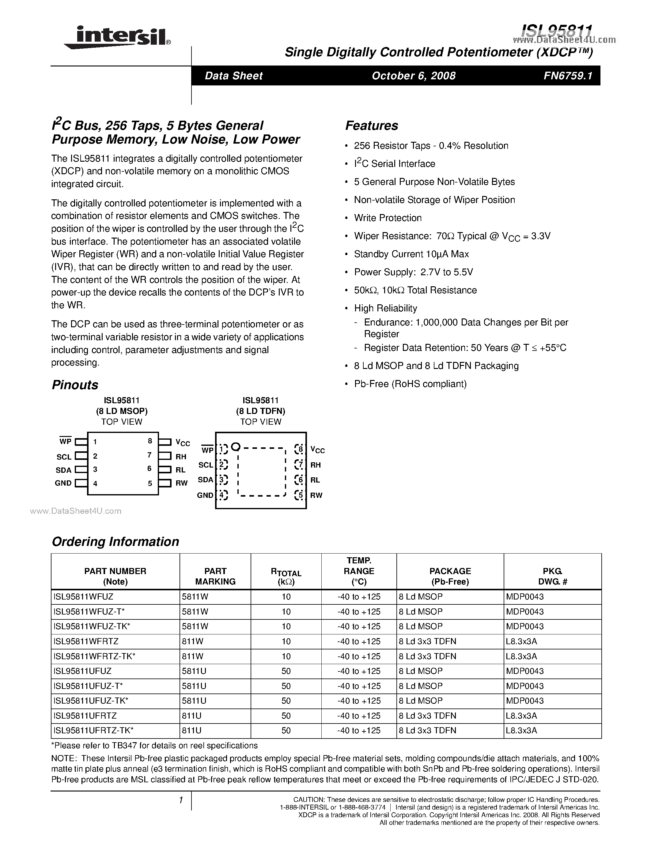 Datasheet ISL95811 - Single Digitally Controlled Potentiometer page 1