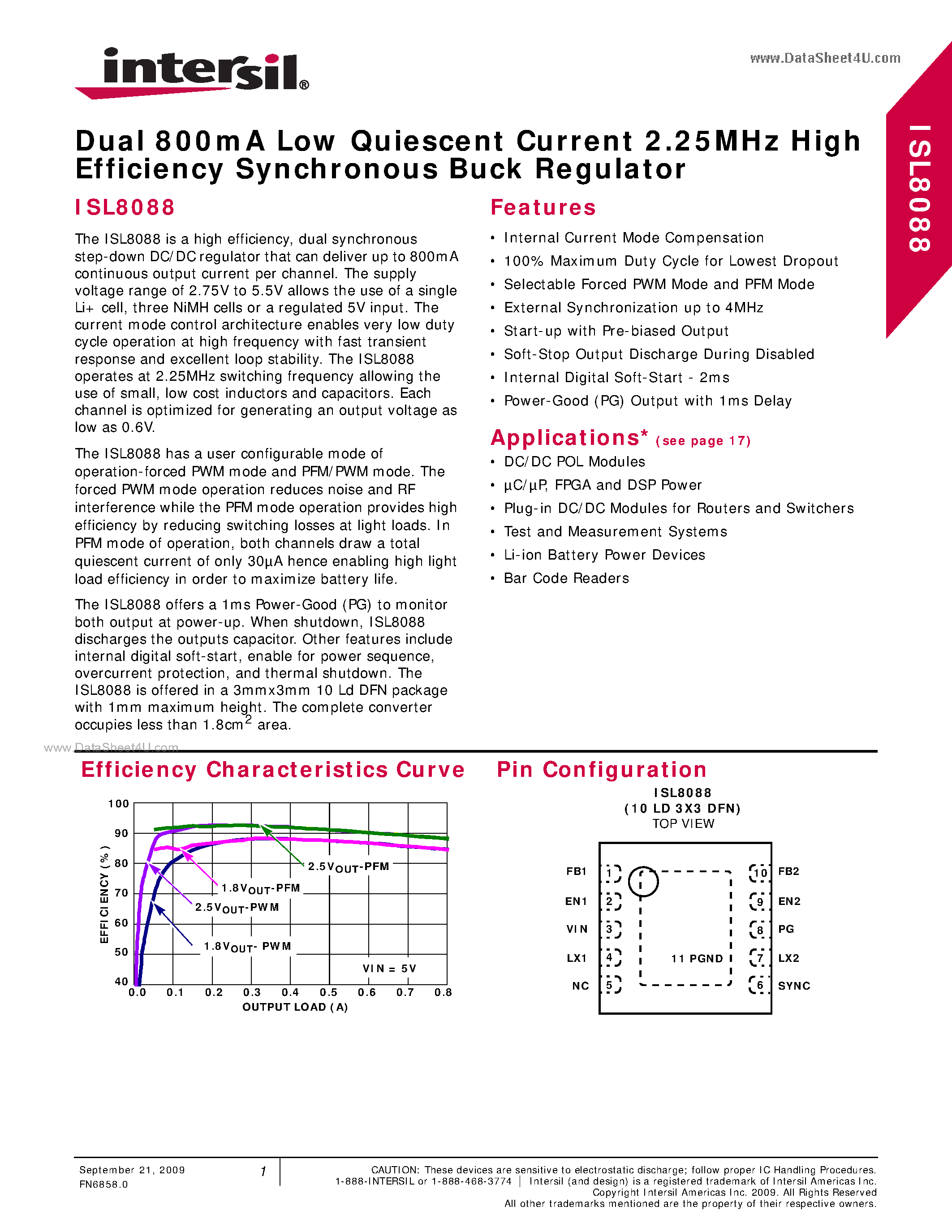 Datasheet ISL8088 - Dual 800mA Low Quiescent Current 2.25MHz High Efficiency Synchronous Buck Regulator page 1