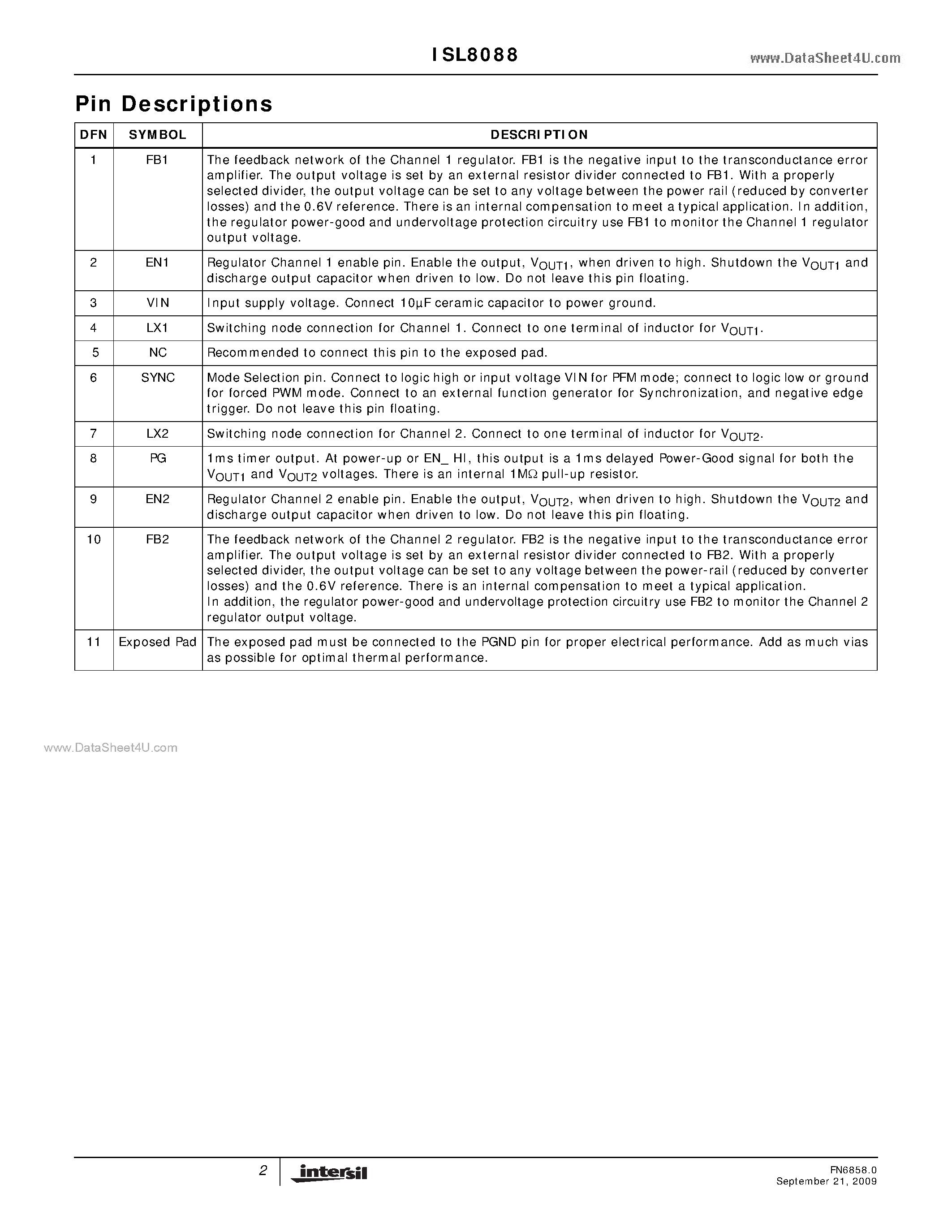 Datasheet ISL8088 - Dual 800mA Low Quiescent Current 2.25MHz High Efficiency Synchronous Buck Regulator page 2