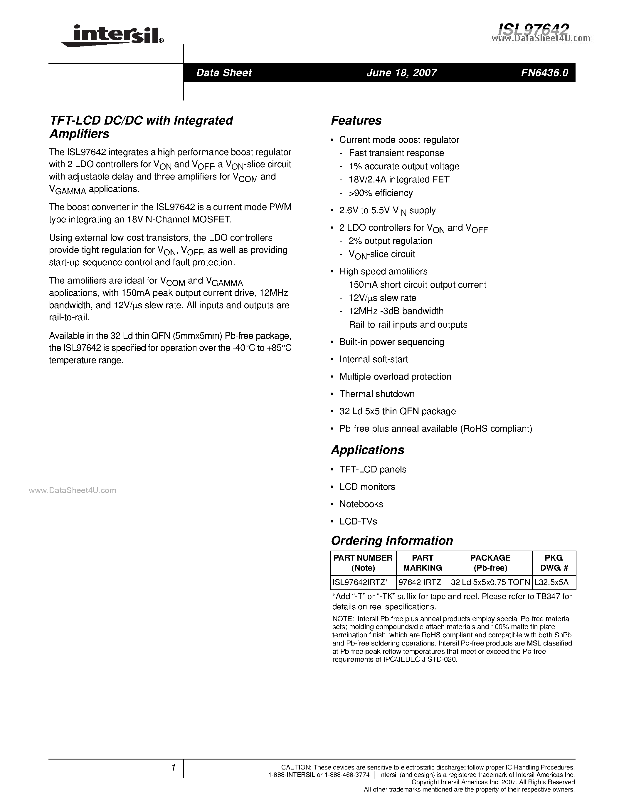 Datasheet ISL97642 - TFT-LCD DC/DC page 1