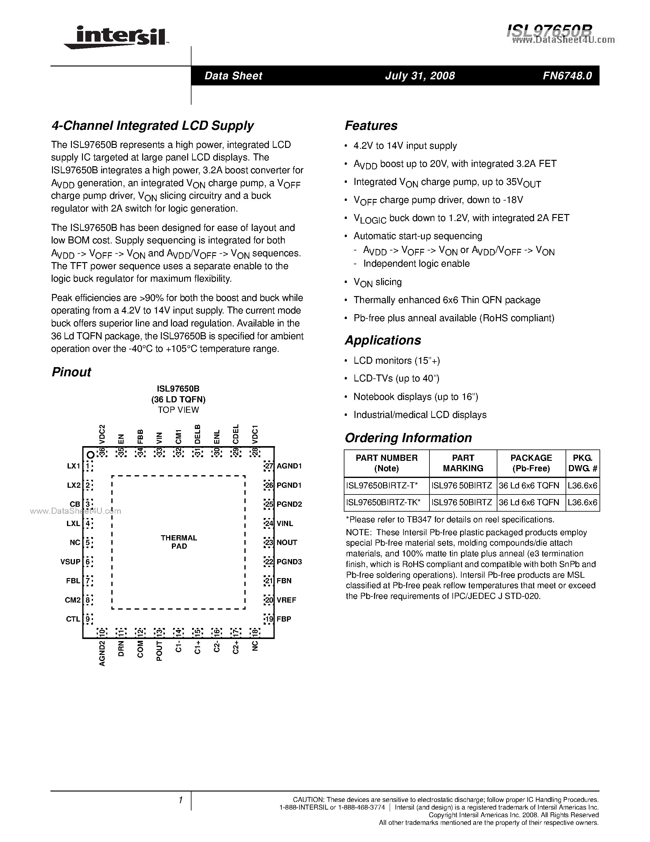 Datasheet ISL97650B - 4-Channel Integrated LCD Supply page 1