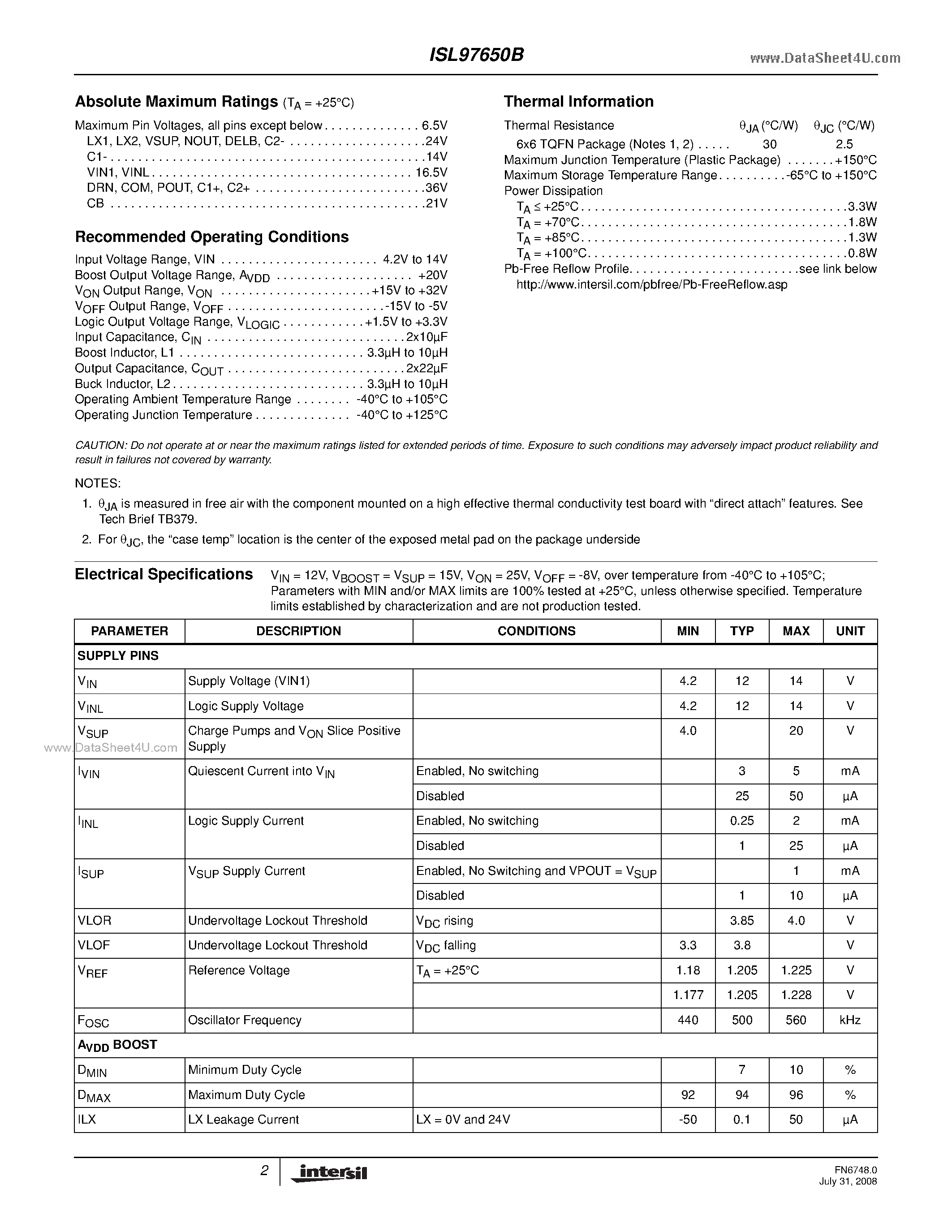 Datasheet ISL97650B - 4-Channel Integrated LCD Supply page 2