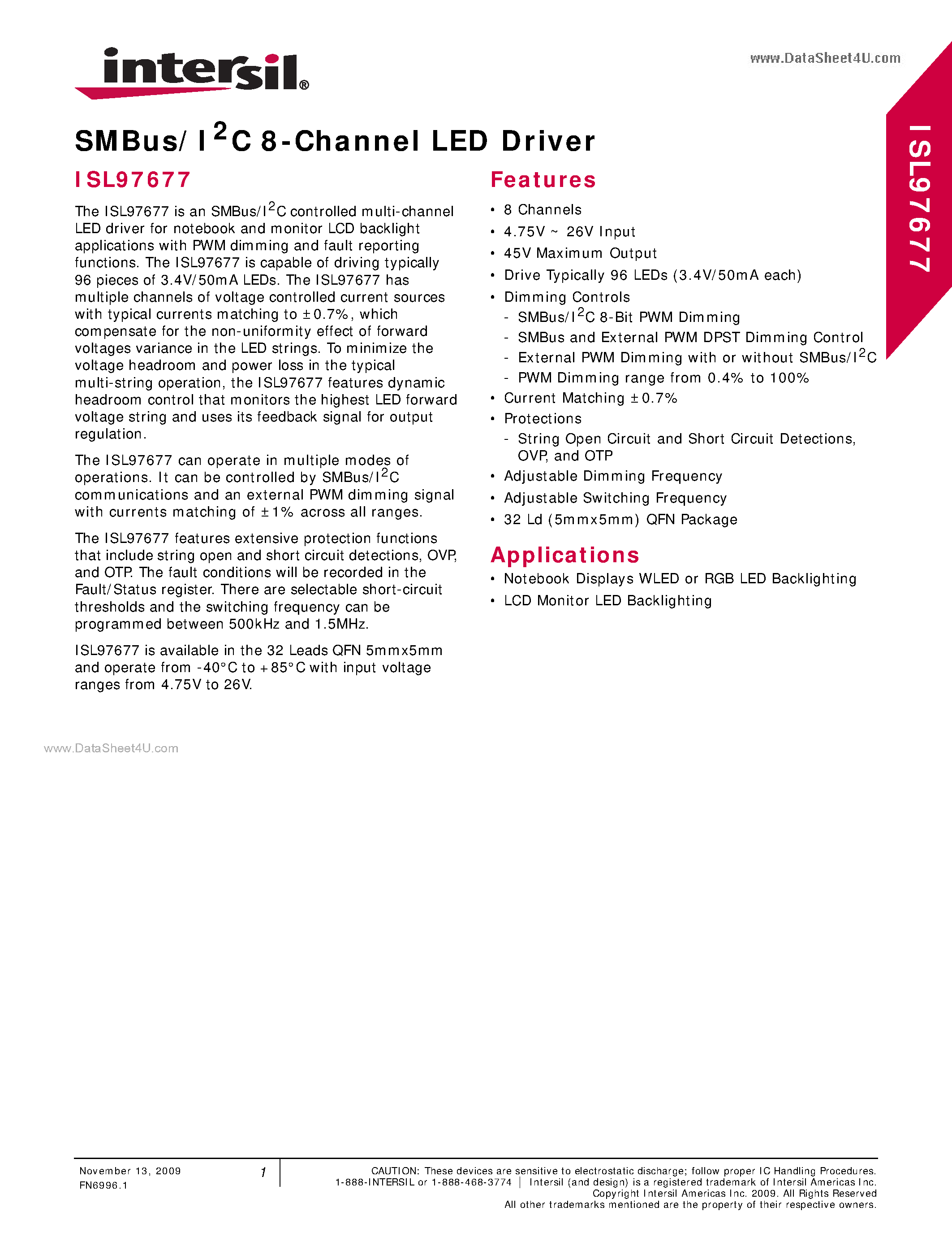 Datasheet ISL97677 - SMBus/I2C 8-Channel LED Driver page 1