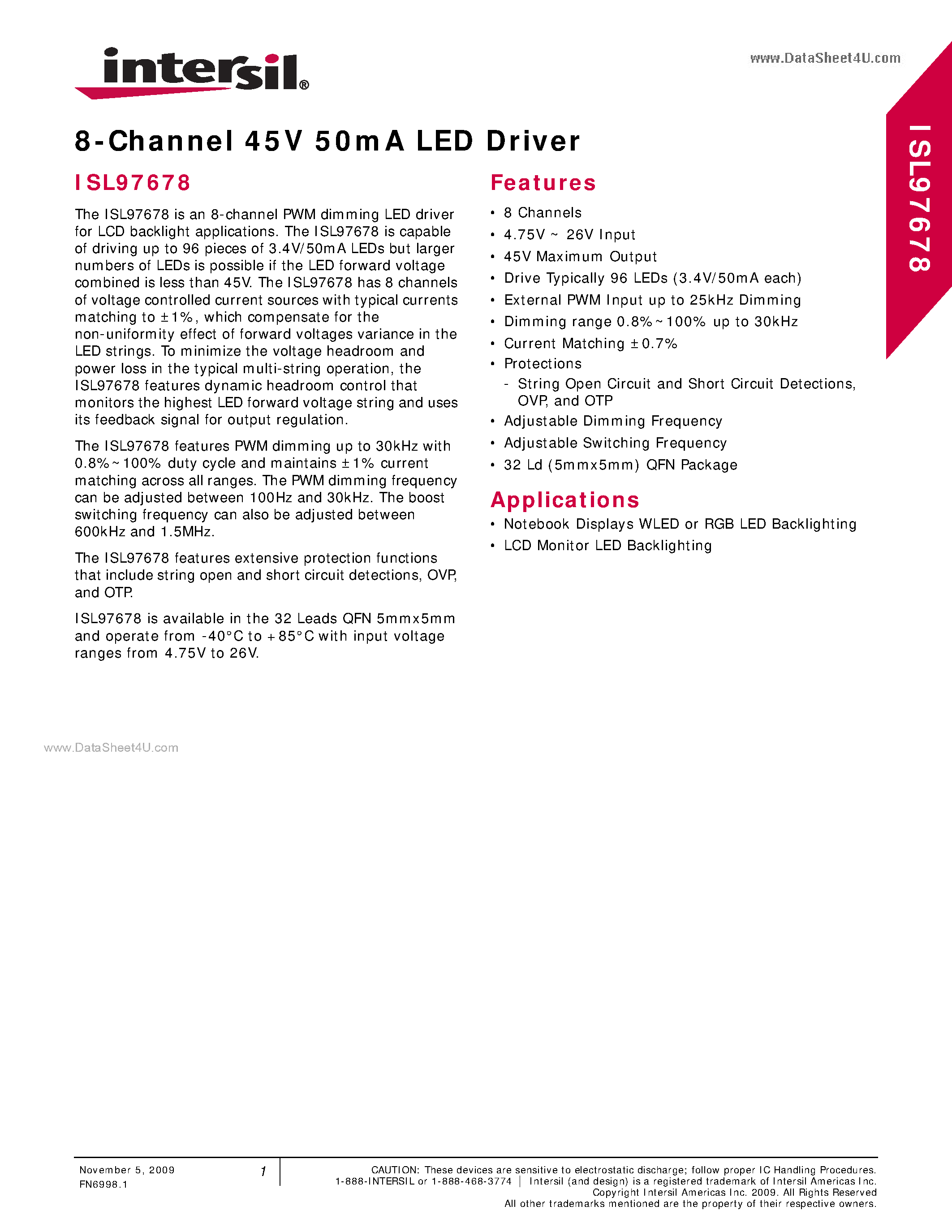 Datasheet ISL97678 - 8-Channel 45V 50mA LED Driver page 1