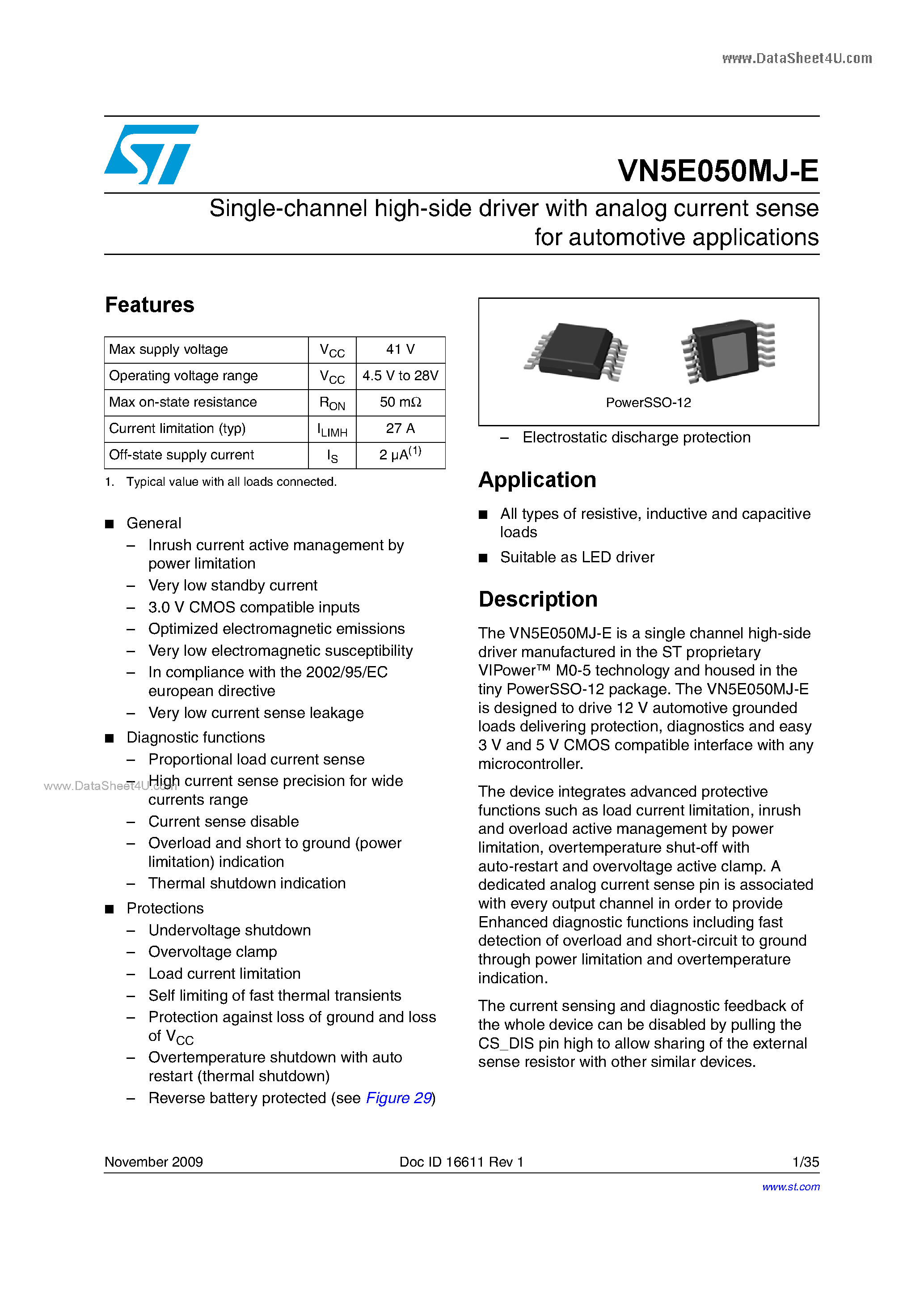 Datasheet VN5E050MJ-E - Single-channel high-side driver page 1