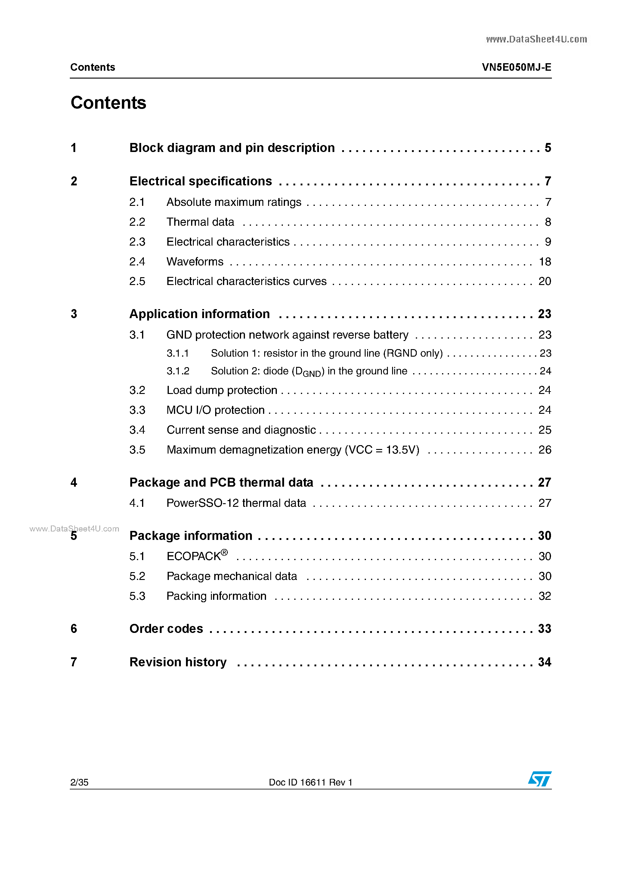 Datasheet VN5E050MJ-E - Single-channel high-side driver page 2