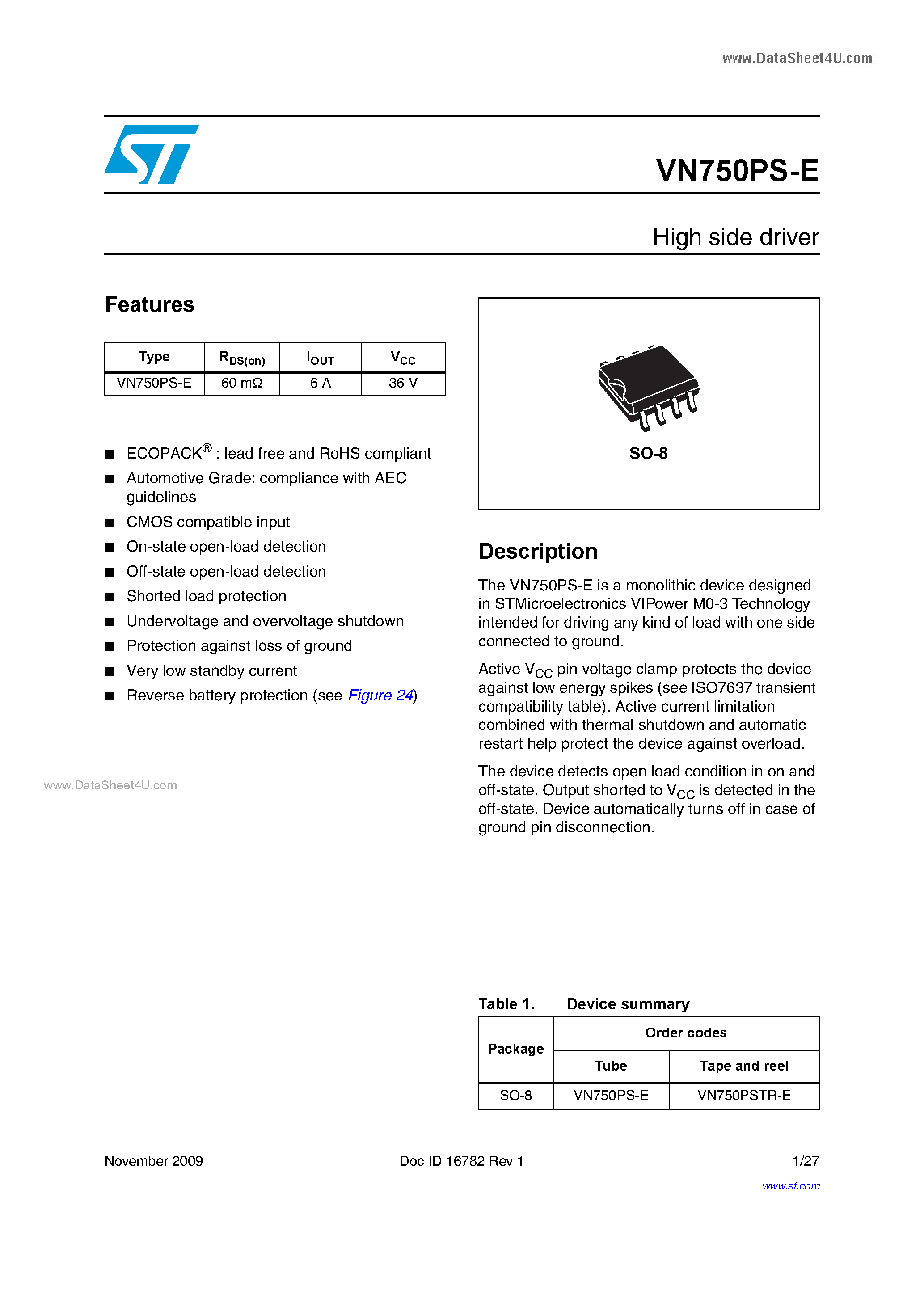 Datasheet VN750PS-E - Single-channel high-side driver page 1