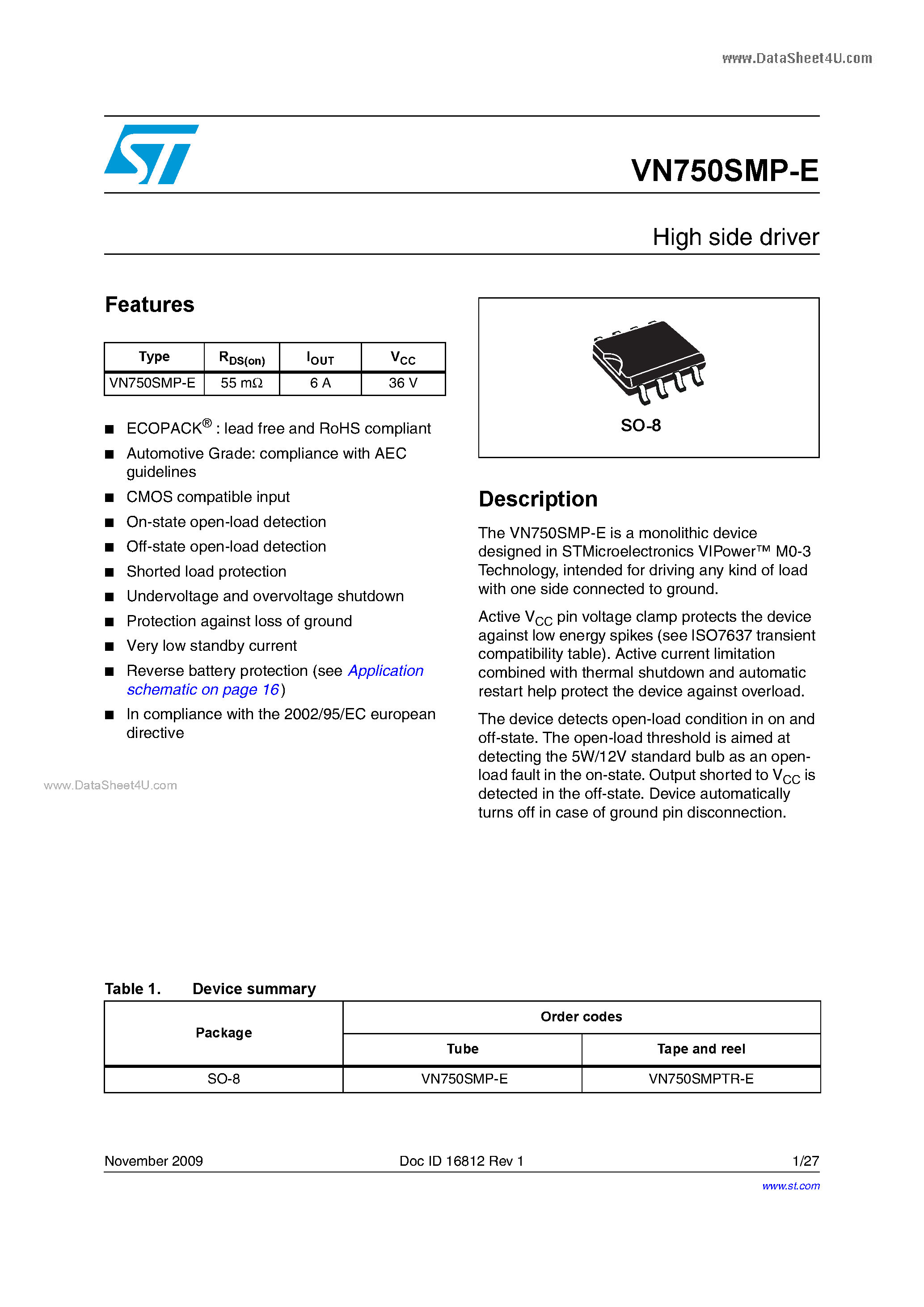 Datasheet VN750SMP-E - Single-channel high-side driver page 1