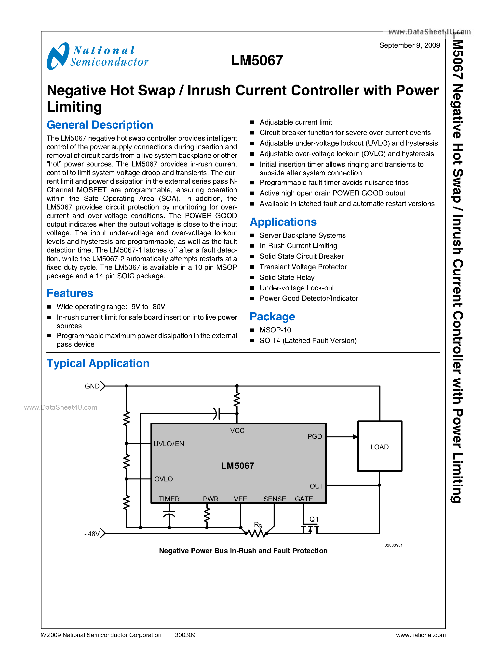 Datasheet LM5067 - Negative Hot Swap / Inrush Current Controller page 1